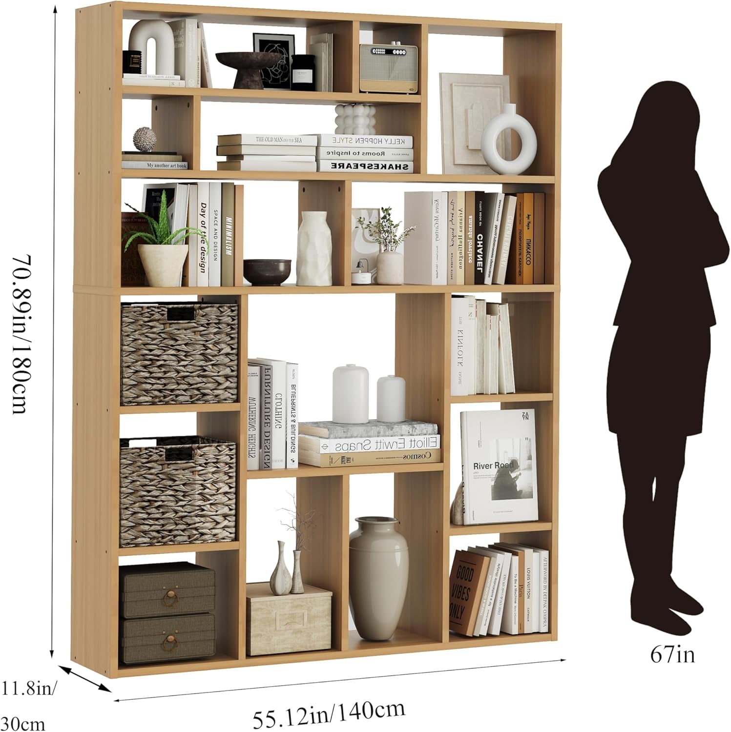 Stylish 71" Wooden Bookcase with 6-Tier Heavy Duty Shelving & Foldable Baskets - Versatile Storage Solution for Living Room & Bedroom in Yuzu Oak Finish