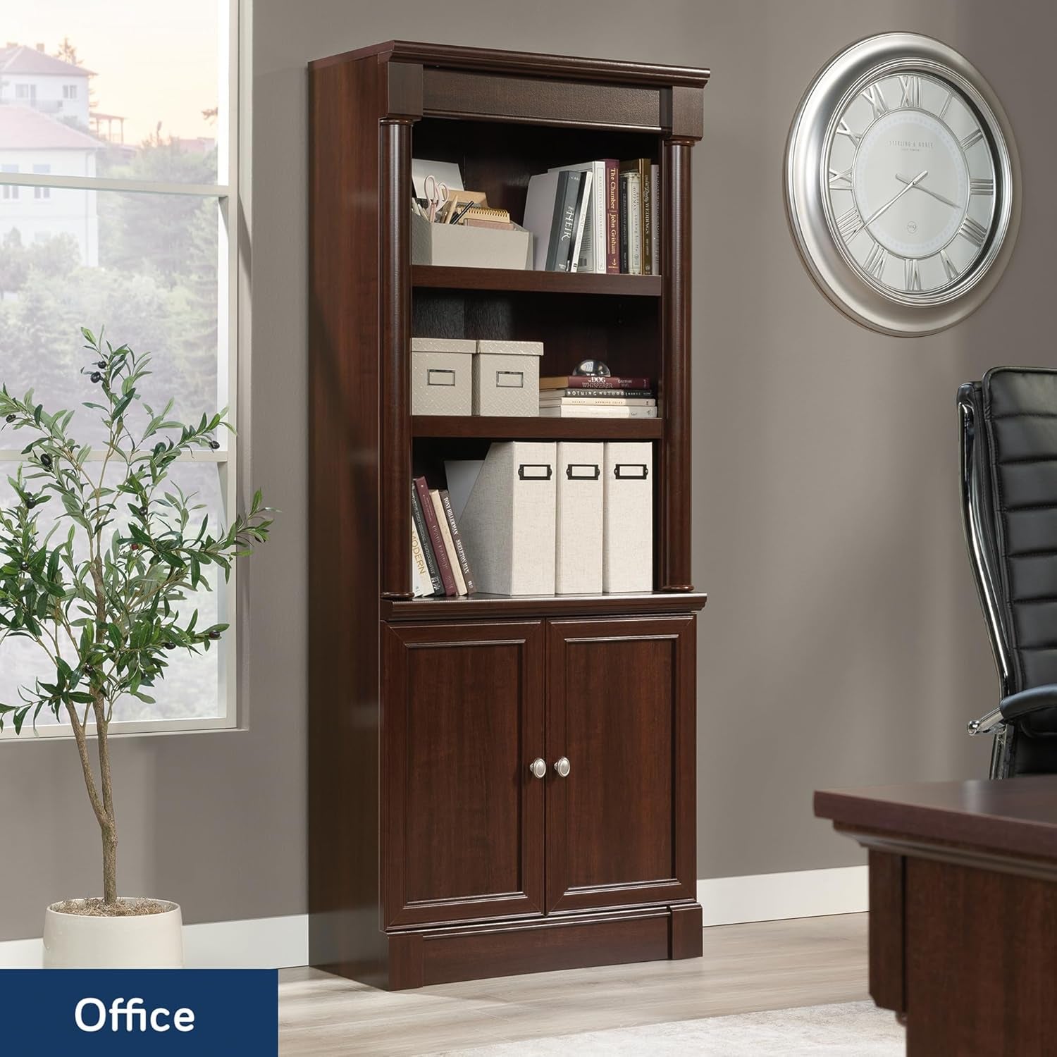 Elegant Palladia Book Shelf with Adjustable Shelves and Storage Doors - Stylish Library Bookcase in Select Cherry Finish