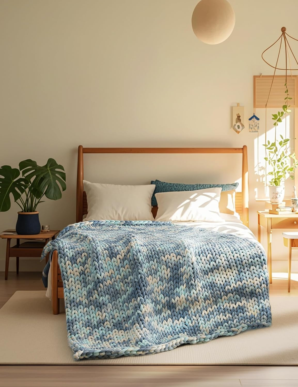 Handmade Chunky Knitted Weighted Blanket - Cozy Light Blue Tie-Dyed Throw (60"x80", 20lbs) - Temperature Regulating & Machine Washable for Sleep & Home Decor