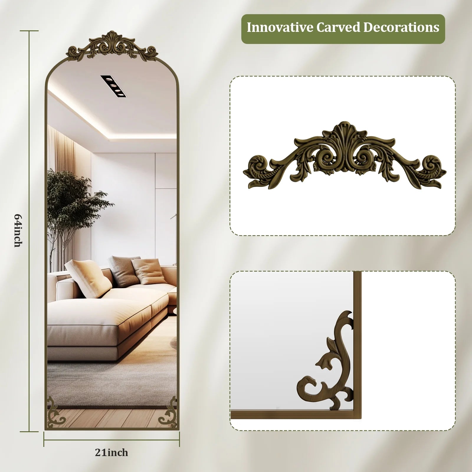 Stunning 66"X21" Arched Full Length Vintage Mirror - Antique Bronze Baroque Style