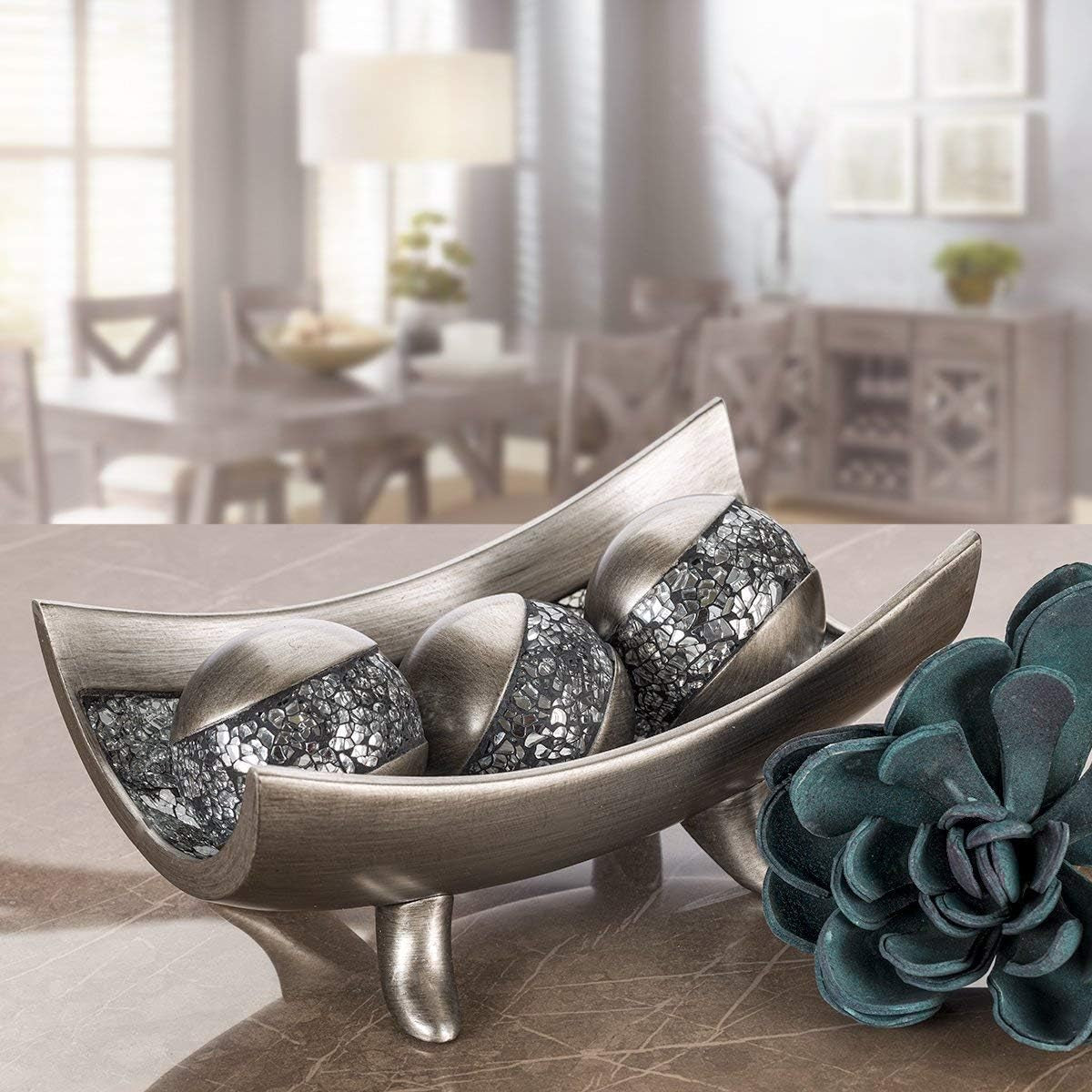 Schonwerk Silver Decorative Centerpiece Bowl with Three Matching Orbs - Elegant Coffee Table Décor with Resin Spheres for Living and Dining Rooms
