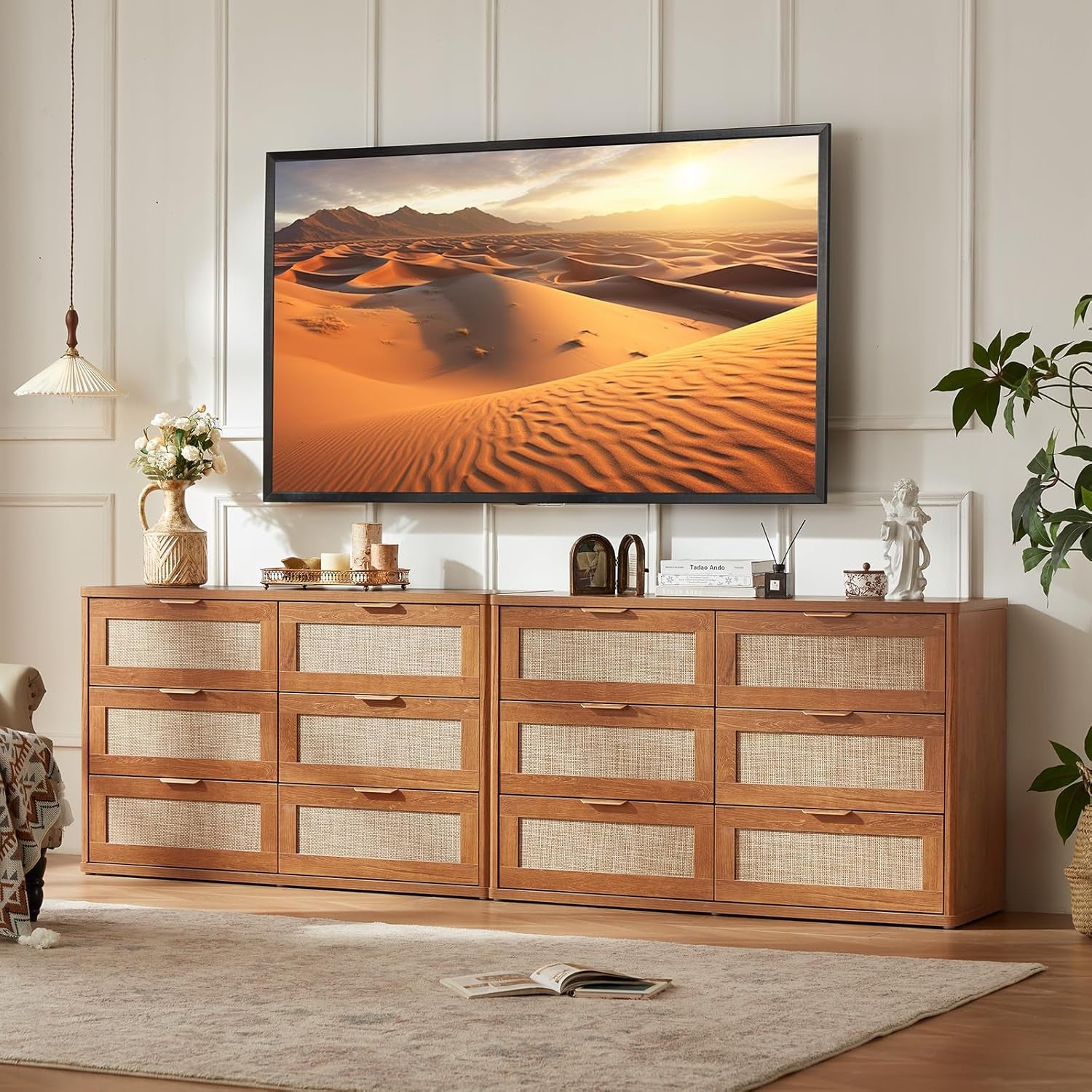 Boho 3-Piece Rattan Dresser and Nightstand Set - Stylish Wood Furniture with 6 Drawers for Bedroom, Living Room, and Hallway