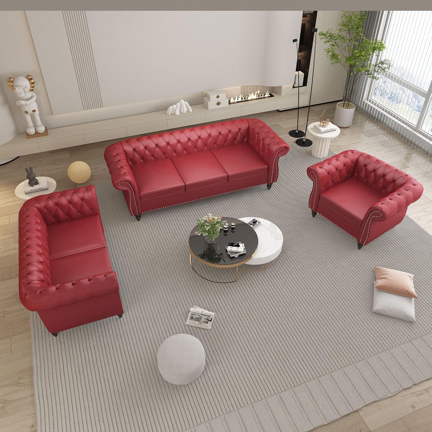 Stylish Chesterfield 3-Seater Leather Sofa with Rolled Arms and Nailhead Accents - Perfect for Living Room, Bedroom, or Office in Elegant Claret