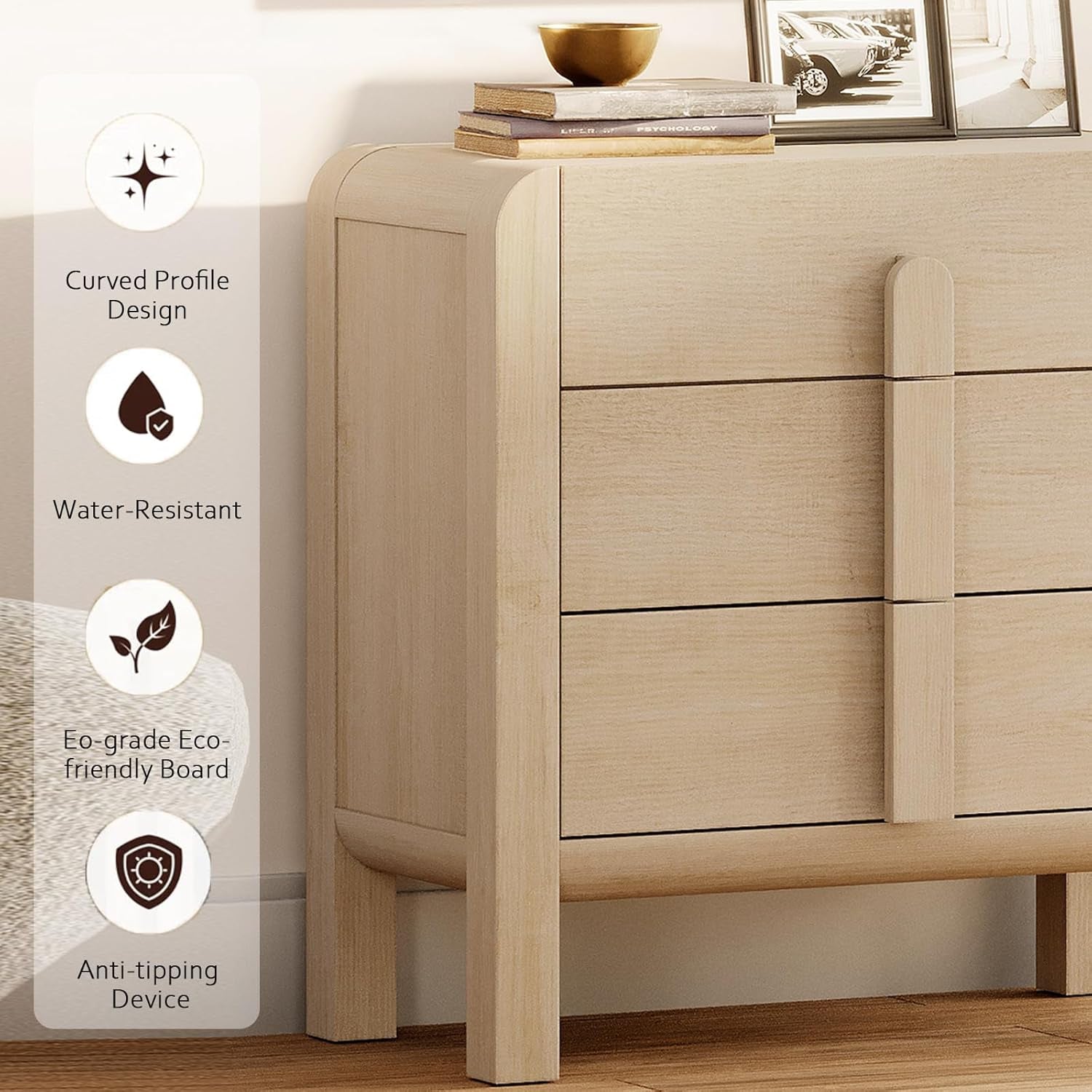 Elegant 3-Piece Mid Century Modern Bedroom Dresser Set - 110.2" Wide Chest of Drawers with Curved Handles, 12 Drawer Organizer, Light Oak Finish