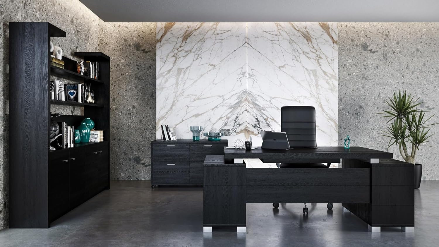 Sleek 79" Black Modern Ford Executive Desk with Filing Cabinets for Ultimate Organization