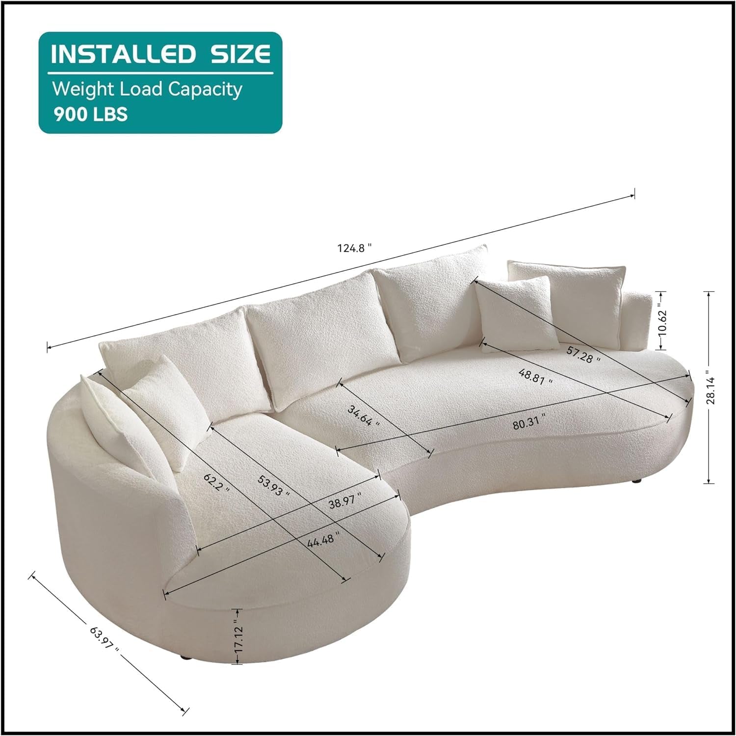 Luxurious 125" Curved Modular Sectional Sofa with 7 Pillows - Oversized Comfort for Modern Living Rooms - Left Hand Facing Design