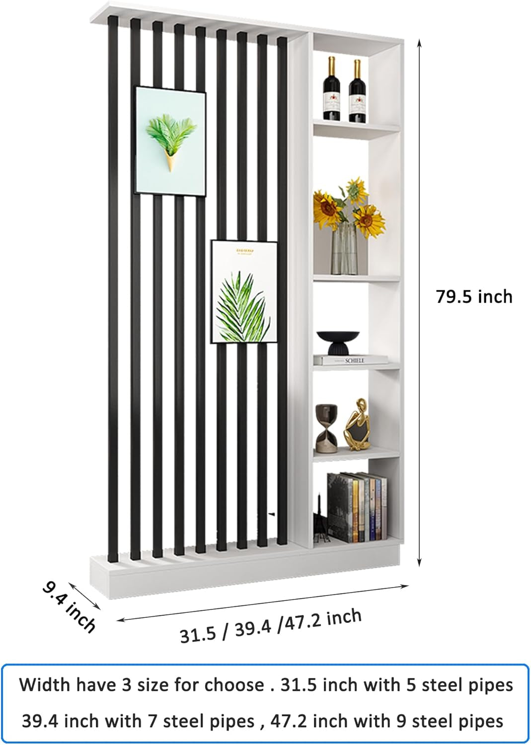 Stylish Modern Wall Room Divider with Storage Shelves - Freestanding Wood Partition for Home & Office (White + Black, 31.5" L x 9.5" W x 79.5" H)