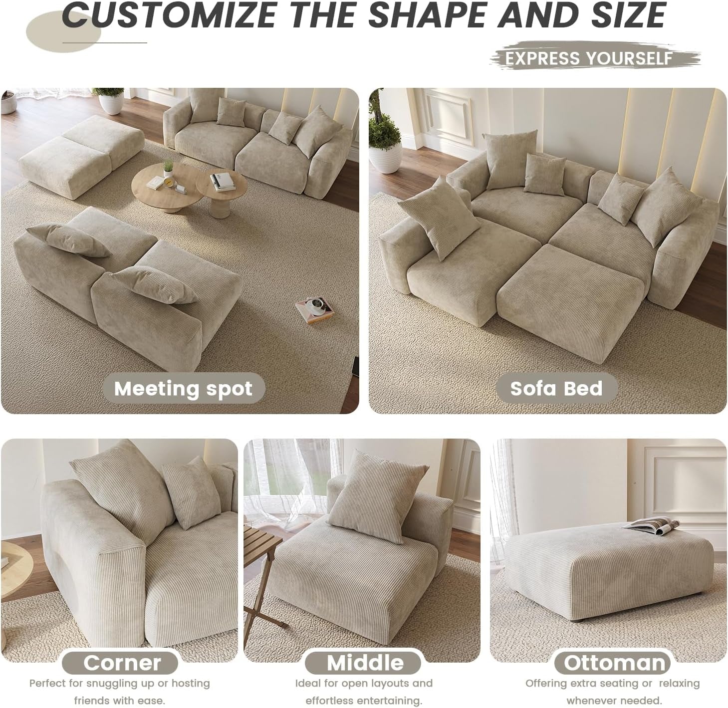 Stylish 102-Inch Cloud Couch Modular Sectional Sofa - Beige Corduroy 2-Seater with Removable & Washable Cushion Covers for Your Living Room
