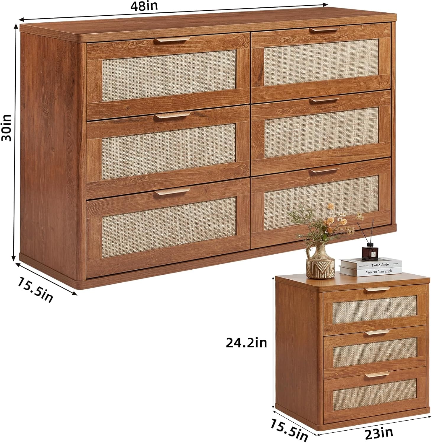 Boho 3-Piece Rattan Dresser and Nightstand Set - Stylish Wood Furniture with 6 Drawers for Bedroom, Living Room, and Hallway