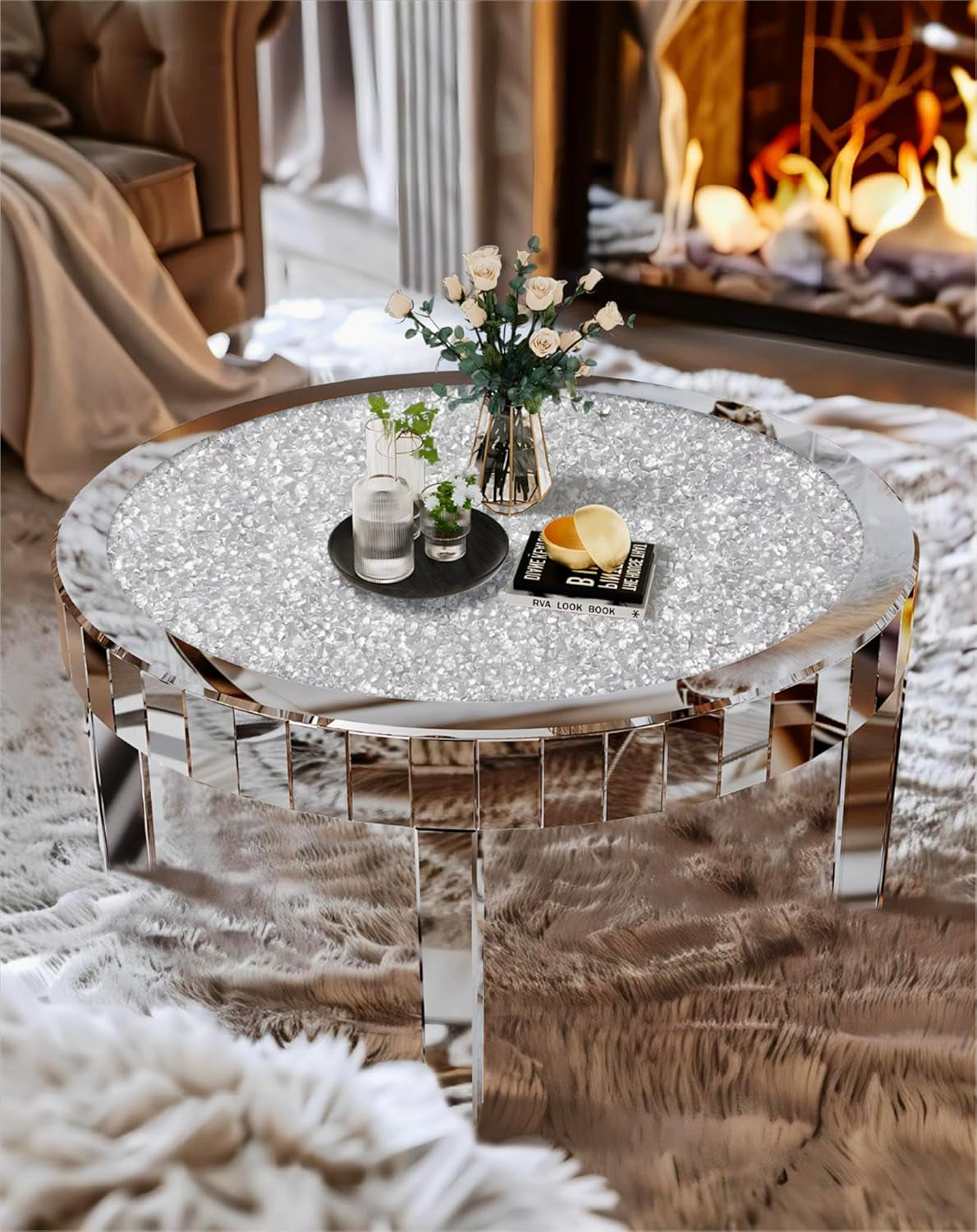 Stunning 31.5" Round Mirrored Coffee Table with Crushed Diamond Top and Silver Crystal Edge - Luxurious Modern Home Decor for Your Living Room