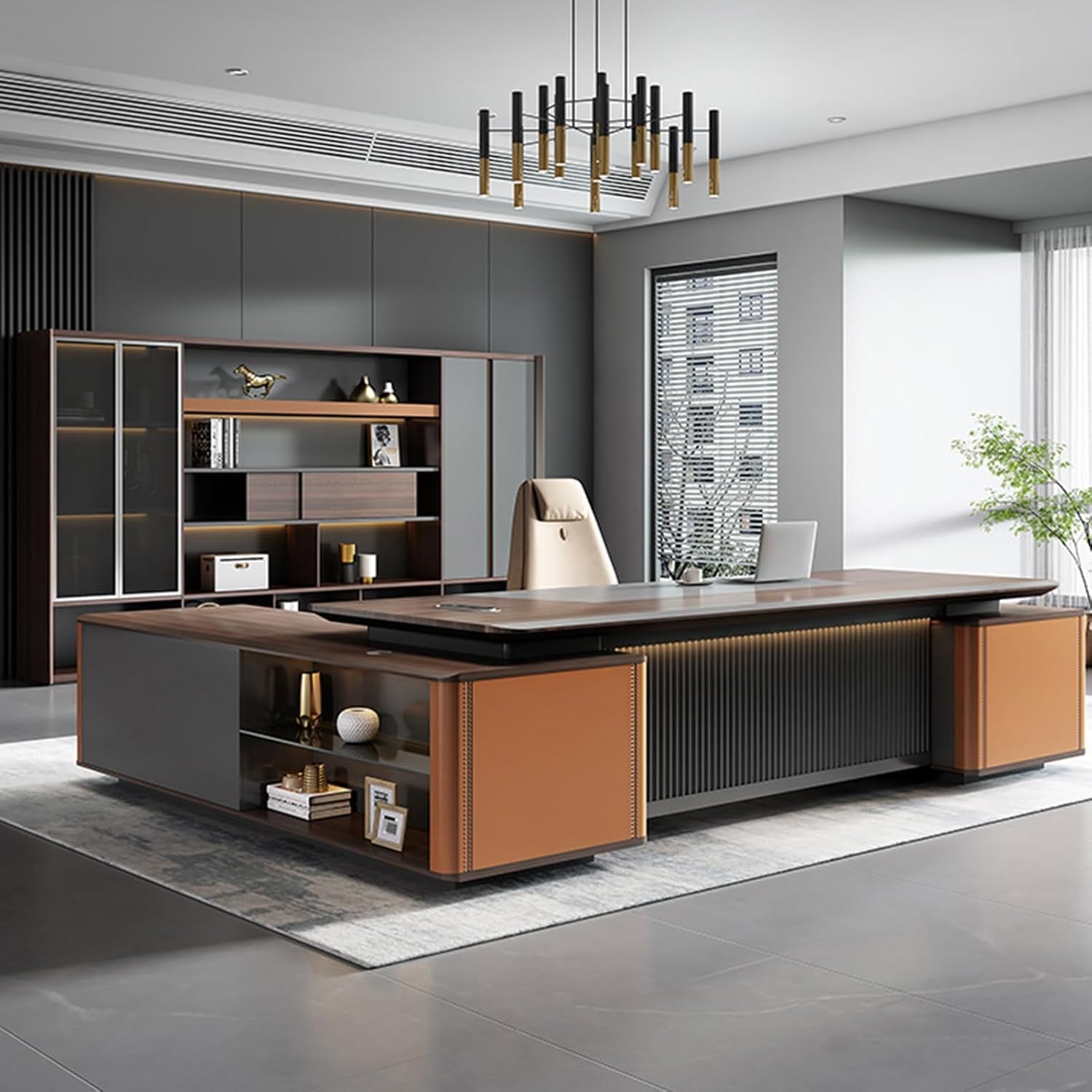 Extra Large Rustic L-Shaped Executive Desk - 94-Inch Luxury Wood Office Furniture with File Drawers, Cable Management, Shelves, and USB Charging Ports for Your Home or Boss Office Workspace