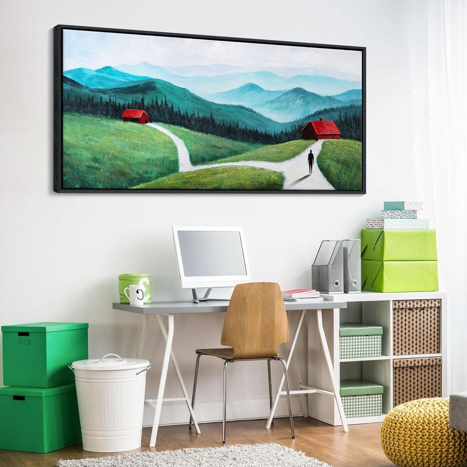 Stunning Green Abstract Landscape Canvas Art - Modern Mountain Forest Wall Decor for Living Room & Bedroom, 24"x48