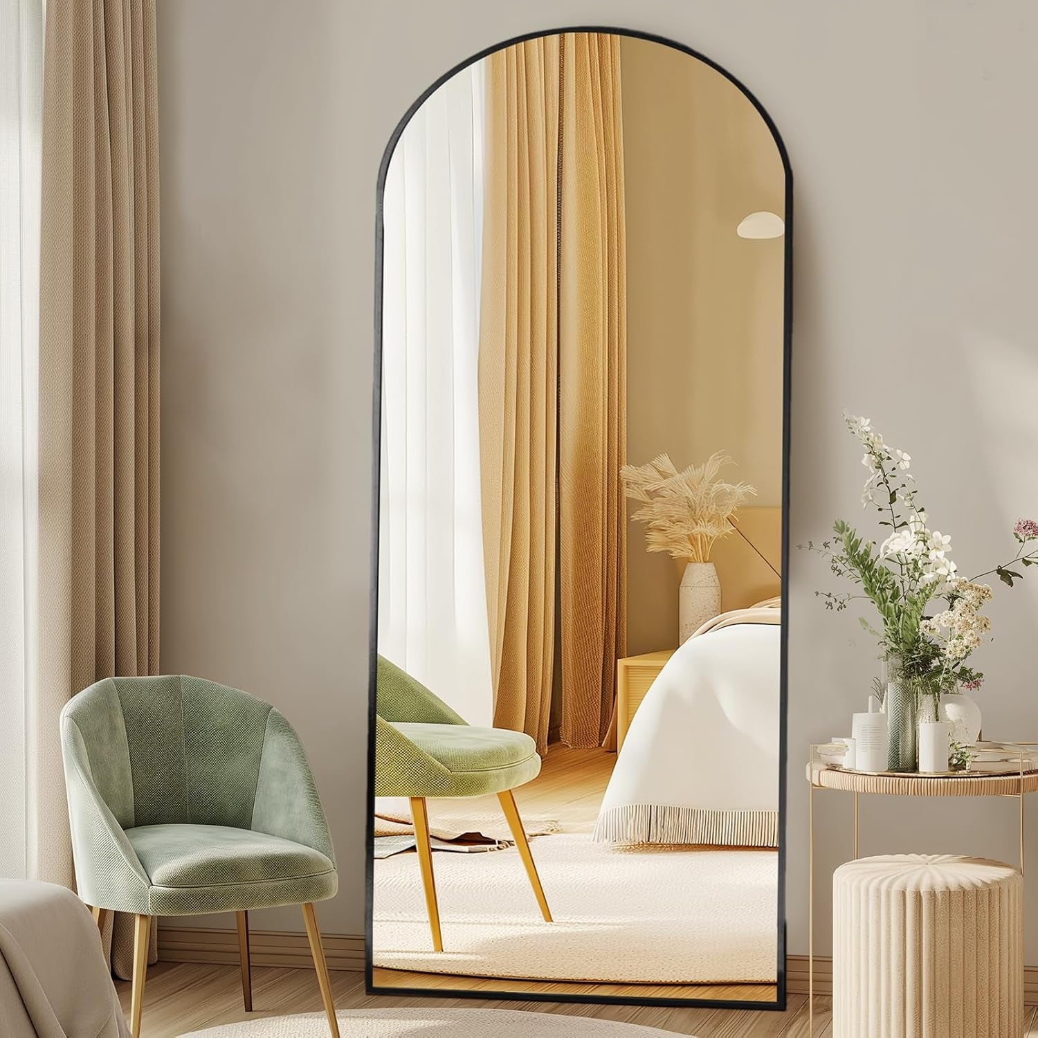 Sleek 64" Arched Full-Length Mirror with Stand - Modern Aluminum Frame, Shatterproof Nano Glass, Perfect for Bedroom & Living Room Decor - Elegant Black Finish