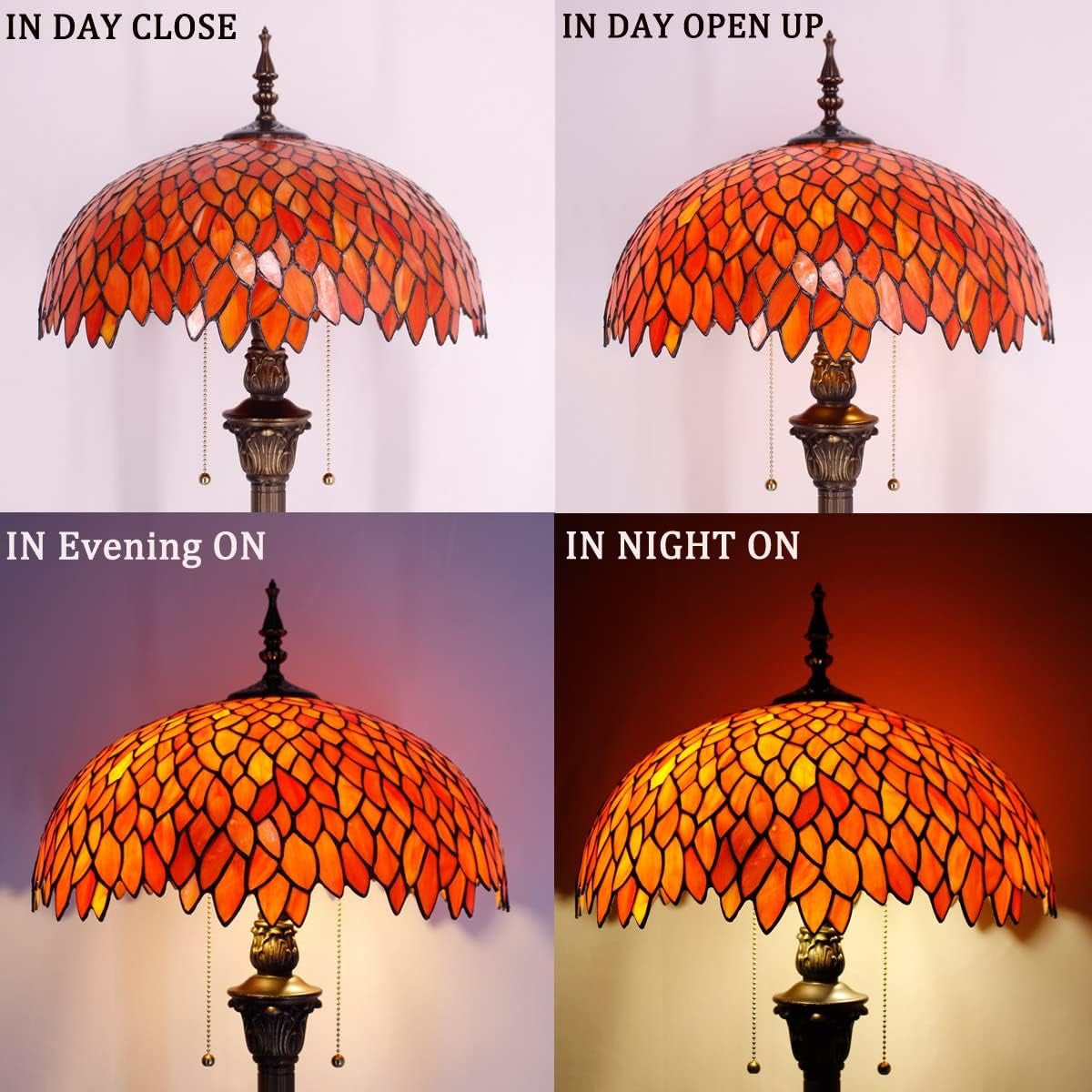 Elegant Tiffany Floor Lamp with Red Orange Wisteria Stained Glass - Antique Style Standing Light for Bedroom, Living Room, and Home Office - 64 Inches Tall
