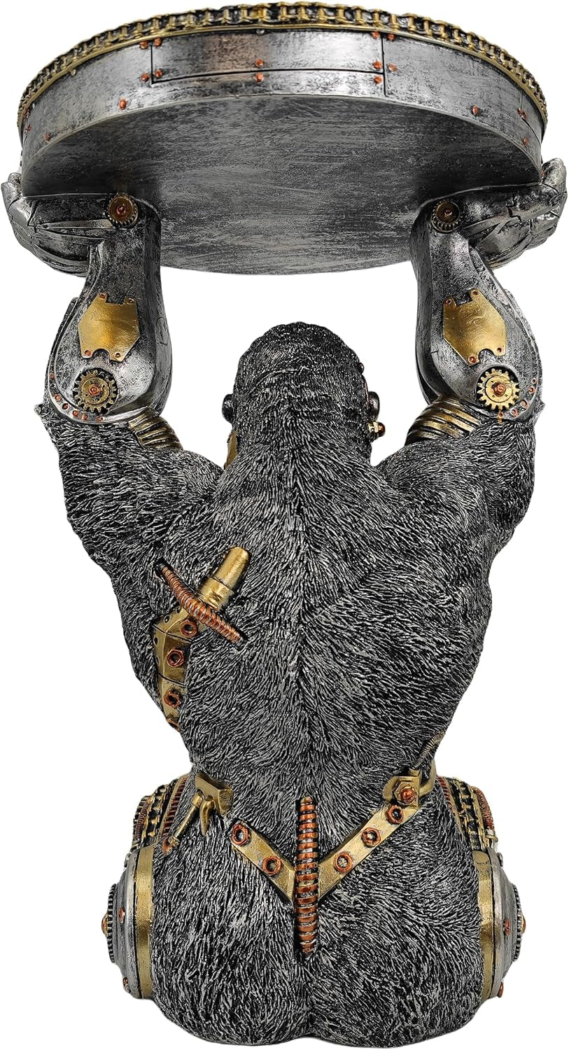 Steampunk Gorilla Side Table: Hand-Painted Resin Cyborg Monkey Sculpture with Gear Accents for Home and Man Cave Decor - Silver Finish