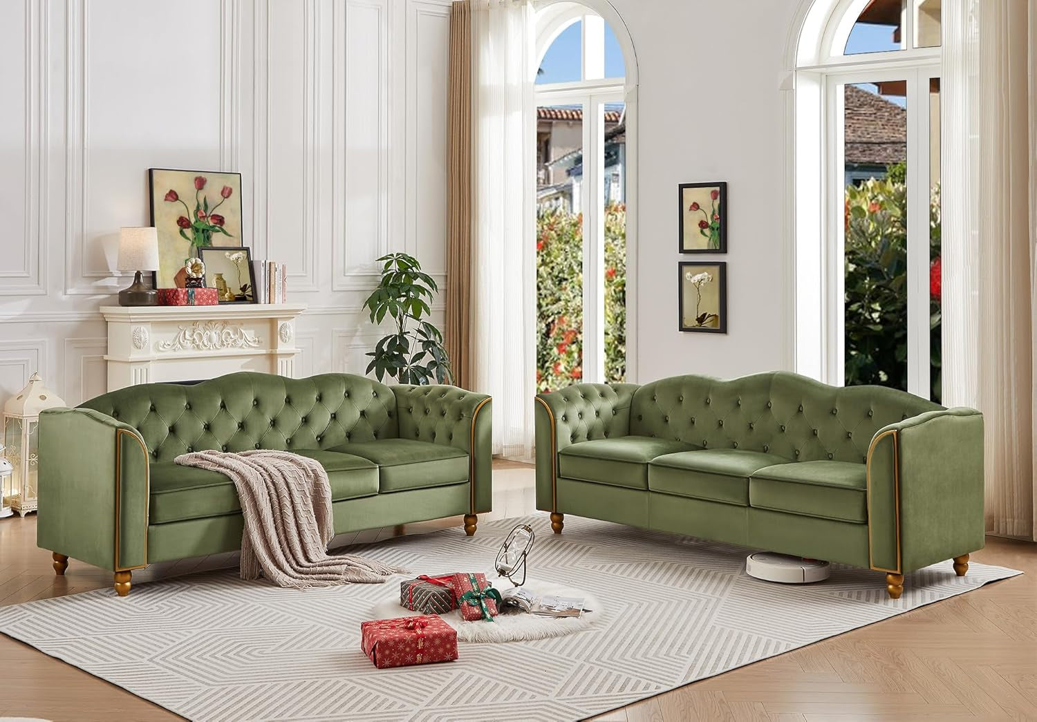 Luxurious 78" Velvet Green Sofa Couch - Modern 3-Seater with Button Tufting, Gold Trim, and Solid Wood Legs for Living Room or Apartment