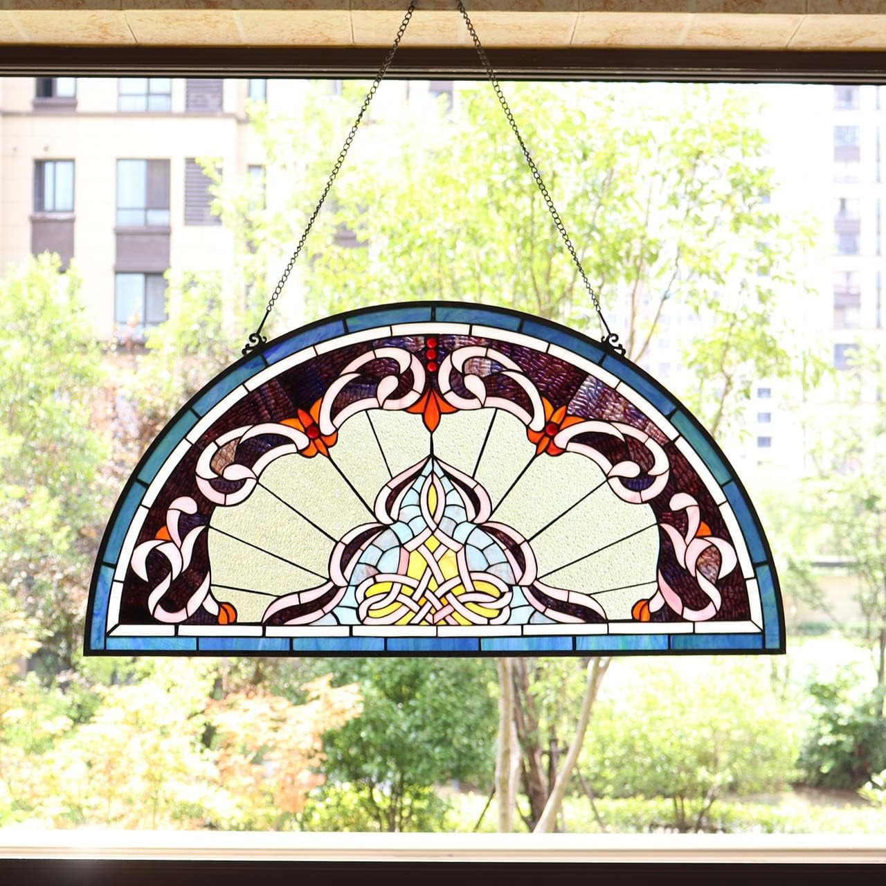 Lady Astor Demi-Lune Half-Round Stained Glass Window Panel for Home Décor, 36" W x 18" H, Tiffany Style, W10035