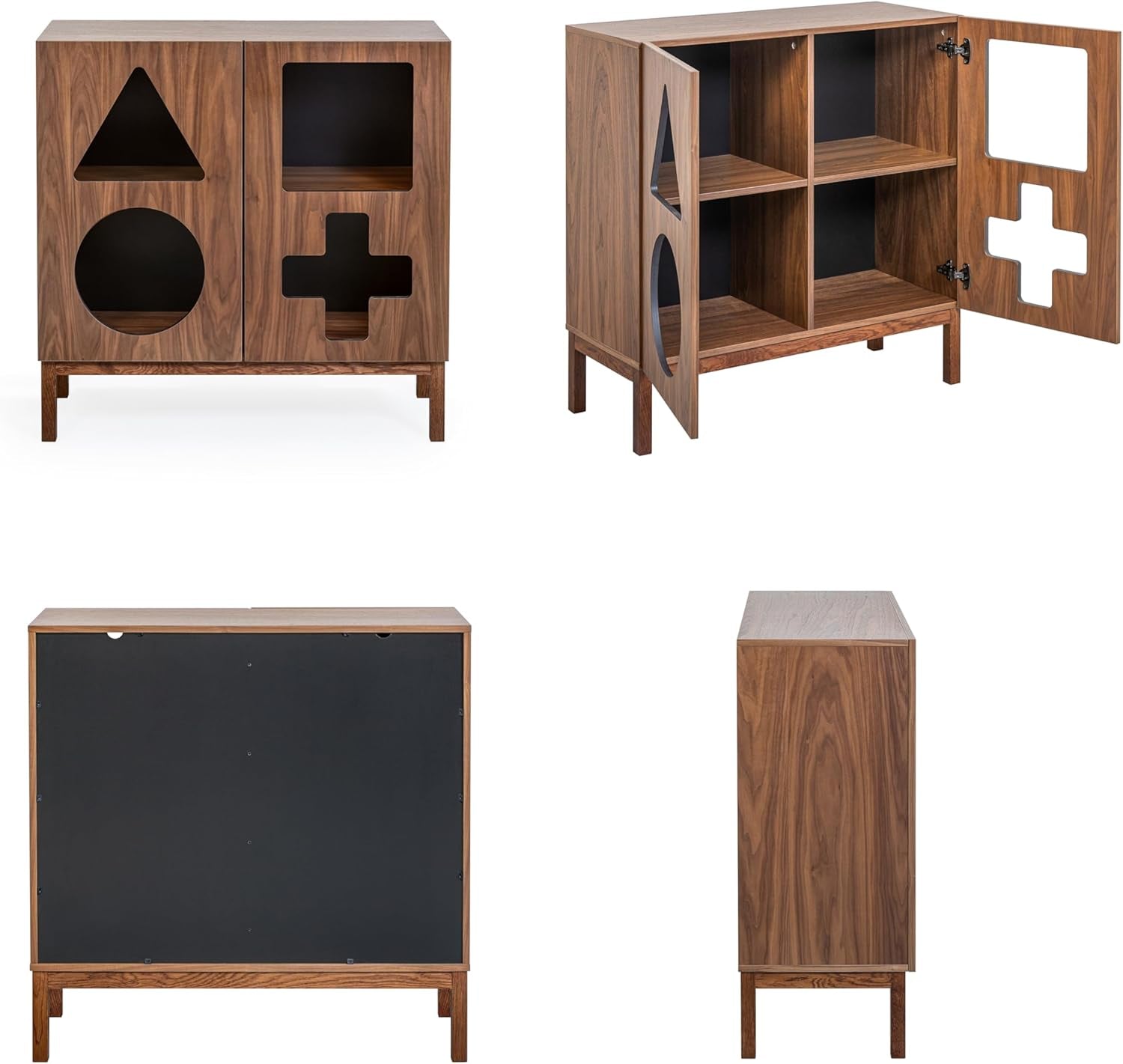 Elevate Your Space: 37'' Modern Walnut Display Cabinet with Geometric Cut-Out Doors - Perfect for Collectibles in Dining Room, Living Room, or Entryway