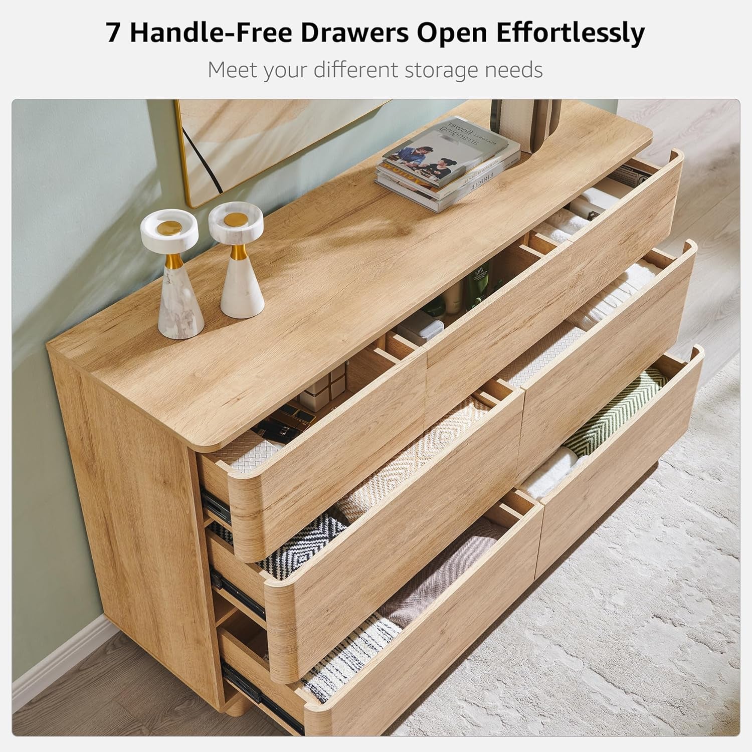 Stylish 7 Drawer Modern Dresser - Push-To-Open Chest with Sleek Handleless Design, 52" Wide Storage Solution for Bedroom or Living Room in Natural Oak