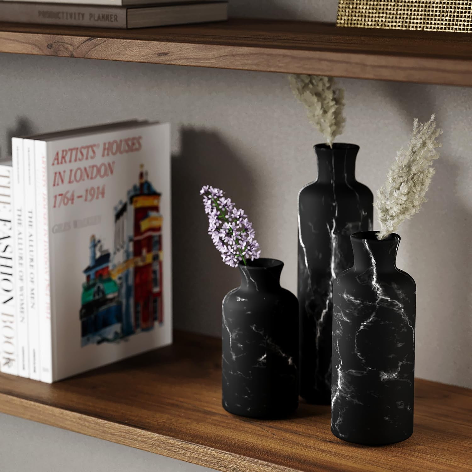 Elegant Black Marble-Inspired Home Decor Tray and Orb Set with Coordinating Set of 3 Vases - Ideal for Coffee Table Centerpiece and Stylish Dining, Kitchen Counter, or Foyer Accents