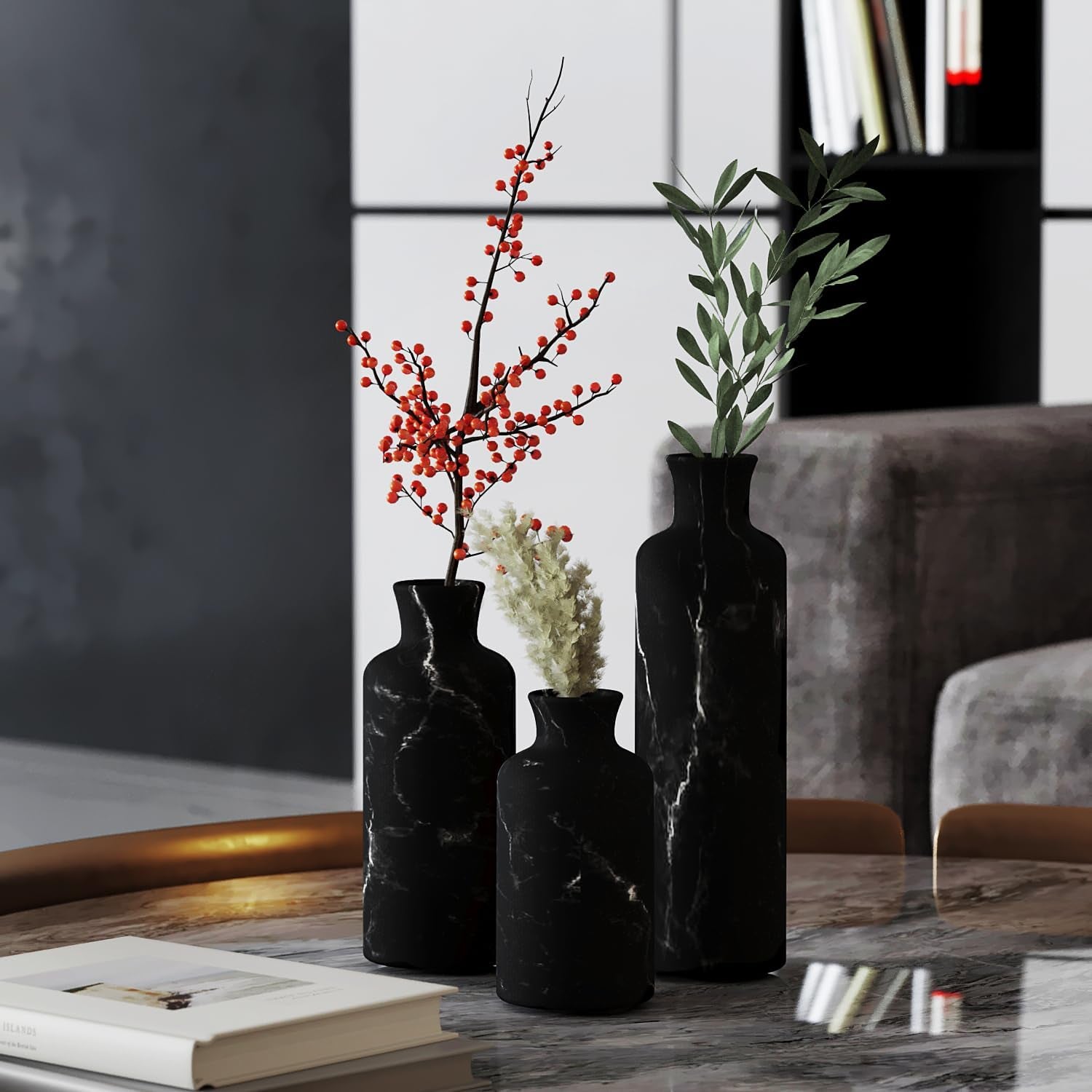 Elegant Black Marble-Inspired Home Decor Tray and Orb Set with Coordinating Set of 3 Vases - Ideal for Coffee Table Centerpiece and Stylish Dining, Kitchen Counter, or Foyer Accents