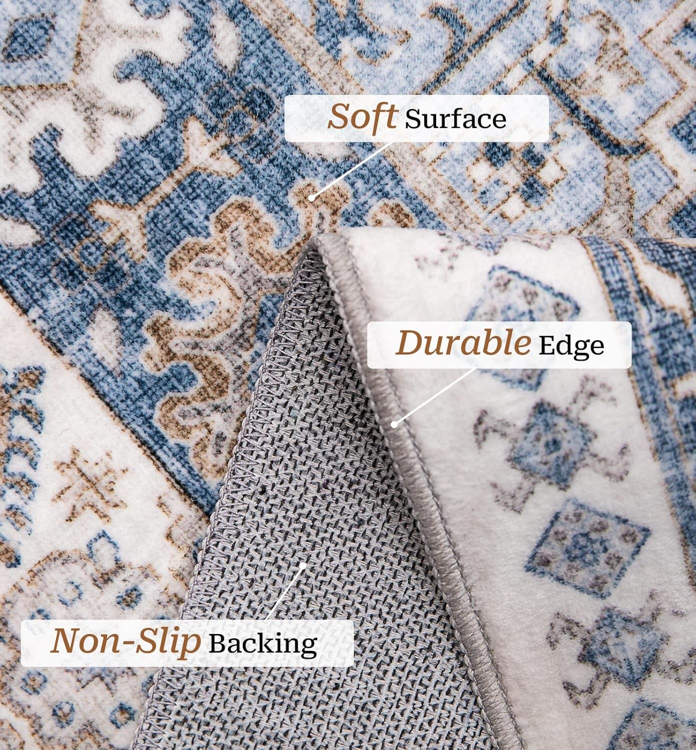 Luxurious 10X14 Stain-Resistant Washable Area Rug - Non-Slip Ultra-Thin Design for Living Room & Bedroom Decor (Blue/Beige)