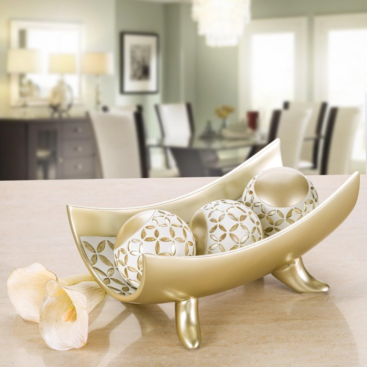 Schonwerk Diamond Lattice Centerpiece Bowl with Three Matching Orbs - Elegant Coffee Table Decor for Living and Dining Spaces - Stylish Home and Mantle Decorations