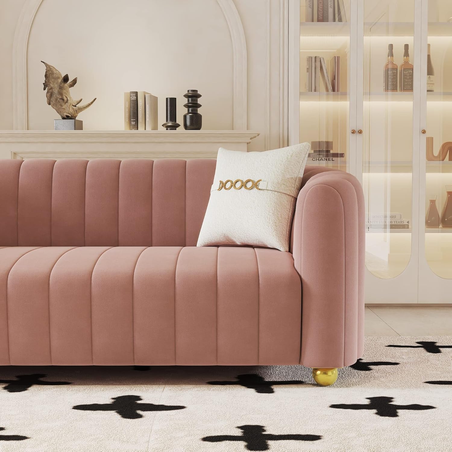 Luxurious 84" Pink Velvet Mid-Century Modern Sofa with Gold Legs - Perfect for Living Room, Bedroom, or Home Office