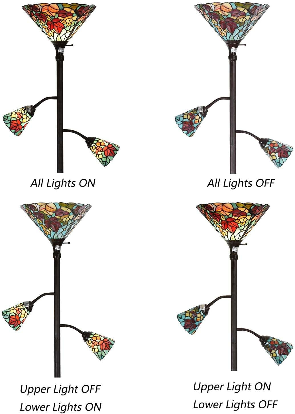 Maple Leaf Tiffany Style Stained Glass Torchiere Floor Lamp - 70-Inch Elegant Home Decor with Sidelights for Reading (Red)
