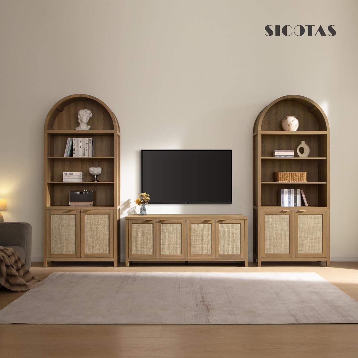 Arched 84.2" Tall 5-Tier Bookshelf Cabinet with Doors - Boho Rattan Wide Bookcase for Living Room, Office & Bedroom Storage