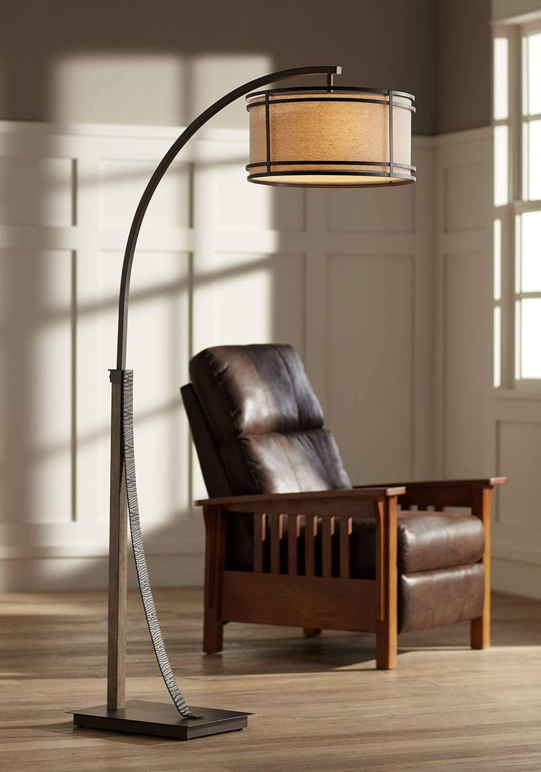 Gentry Industrial Rustic Arc Floor Lamp - 71.5" Tall Oil Rubbed Bronze with Oatmeal Fabric Drum Shade for Living Room, Bedroom, and Office Decor