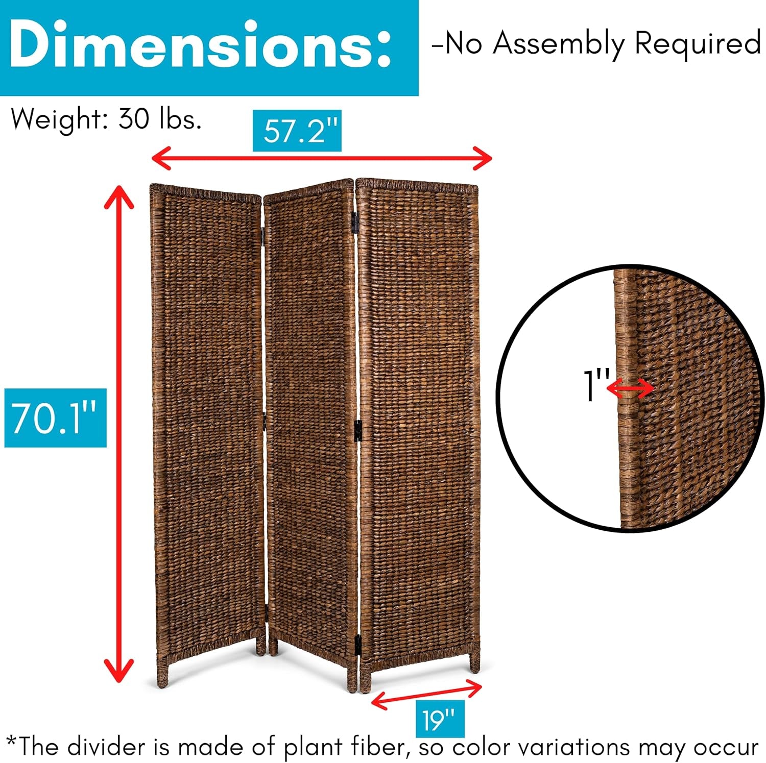 Elegant 3 Panel Seagrass Room Divider - Hand Woven Abaca - Stylish Folding Partition Screen in Brown Wash - Perfect Home Decor Accent