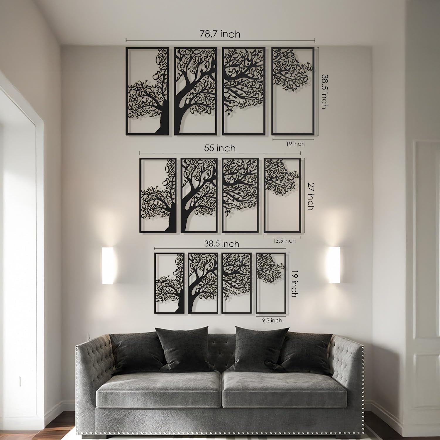 Stunning Large Metal Tree of Surahs Wall Art Set - 4 Quls (Surah Al Ikhlas, Al Falaq, Al Nas, Al Kafirun) - Exquisite Arabic Calligraphy for Muslim Home Decor & Thoughtful Islamic Gifts - Total Size: 78.7 X 38.5 Inches