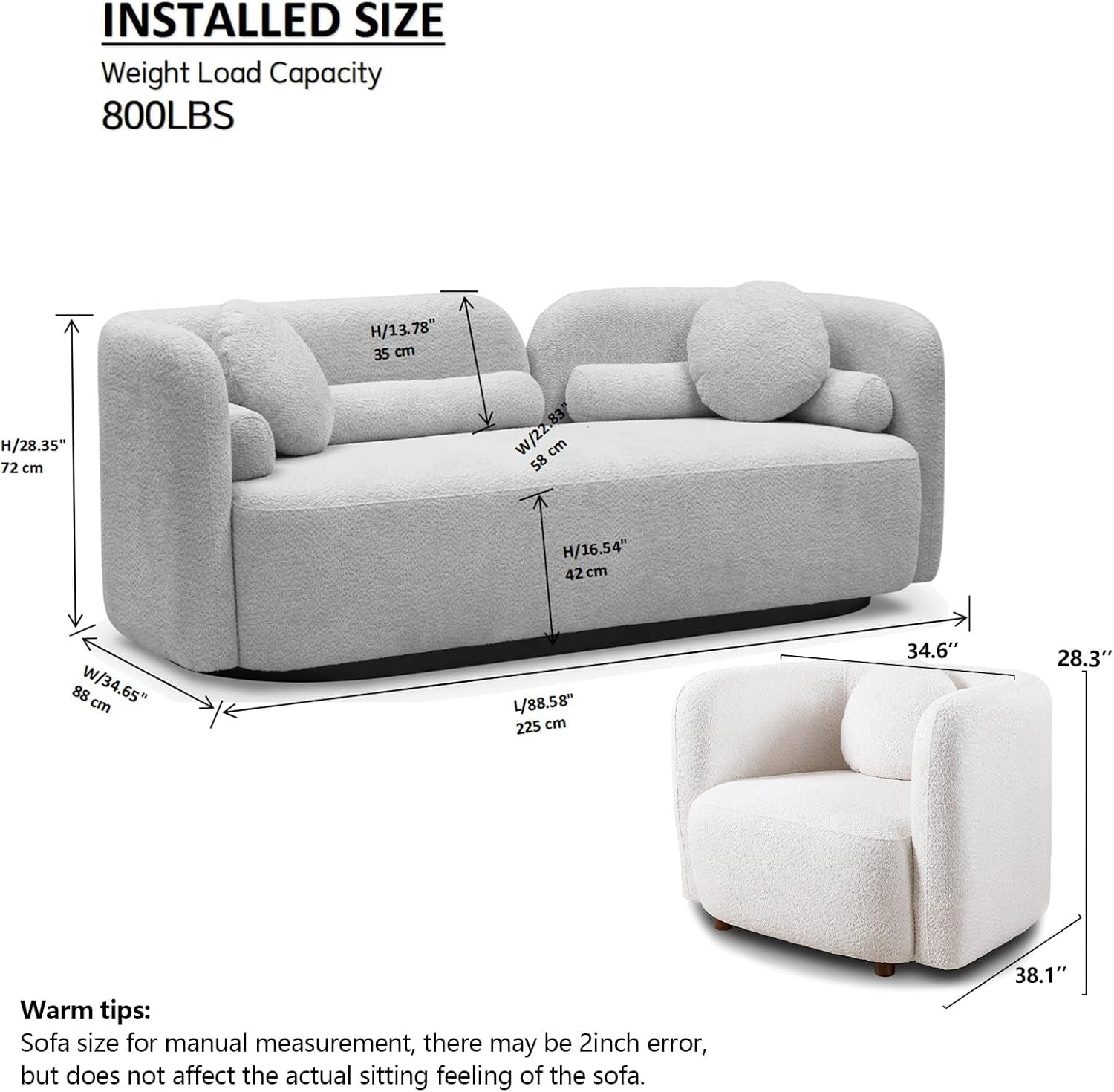 Modern White Curved Back Sofa Set - 3 Seater Couch + 2 Single Chairs with Boucle Fabric and Solid Wood Frame, Includes 6 Pillows