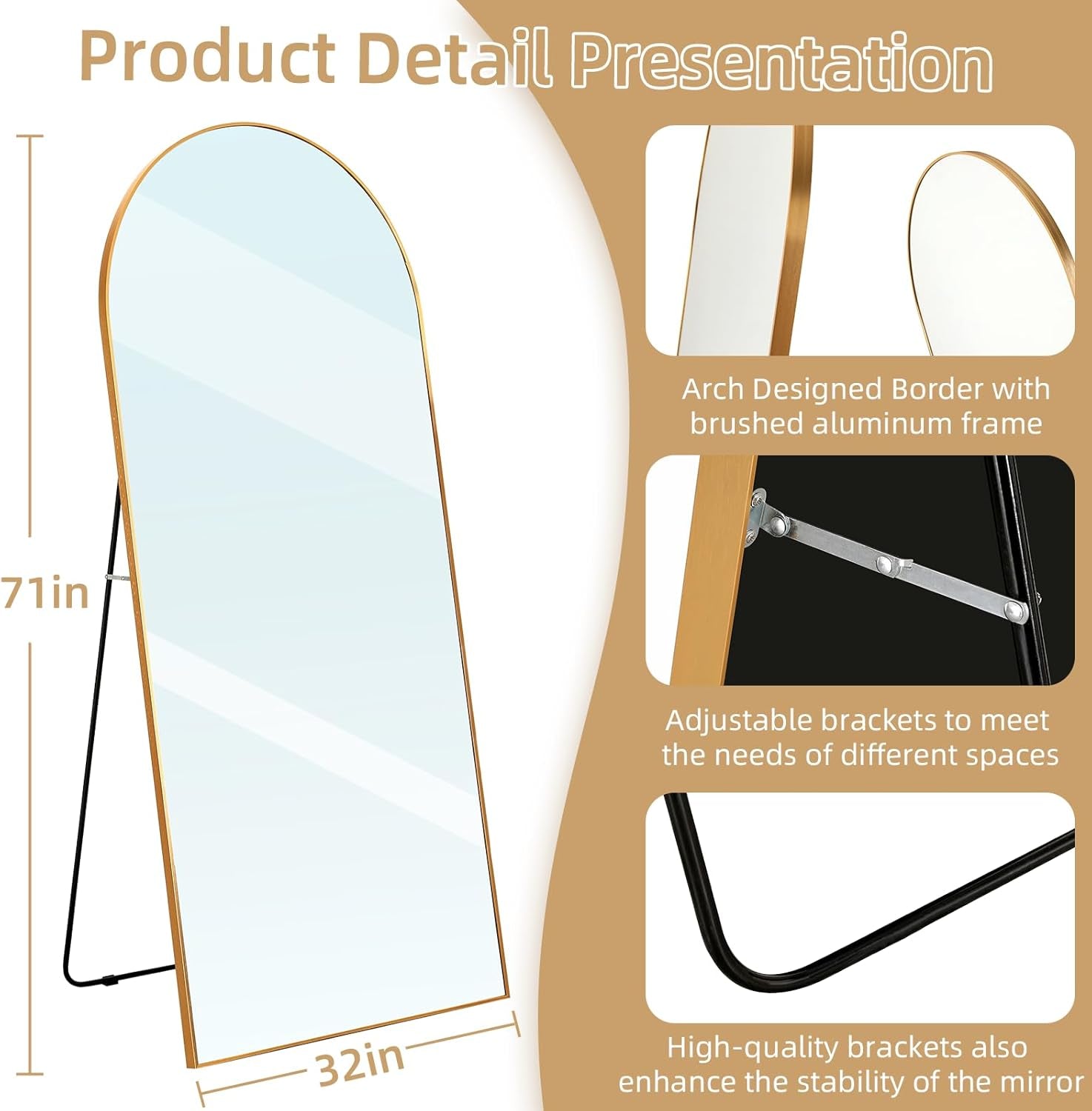 Elegant Arched Full Length Mirror - 71x32 Oversized Gold Floor Mirror with Stand for Living Room and Bedroom