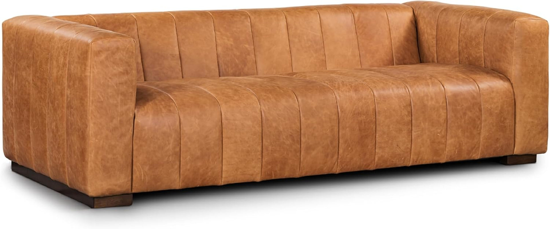 Canale 86" Full-Grain Channel Tufted Leather Couch - Luxurious Vintage Italian Leather Sofa in Cognac Tan for Your Living Room