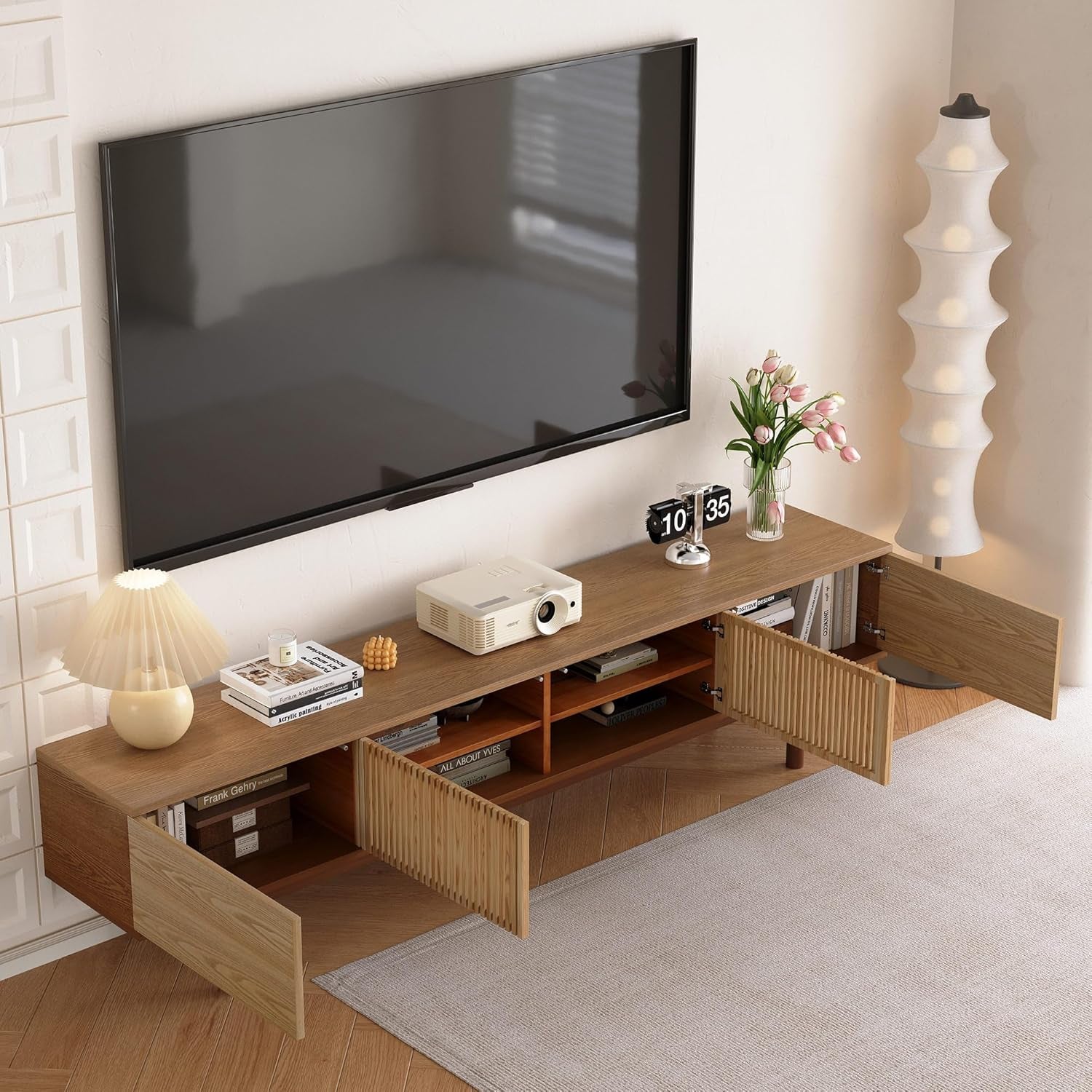 Stunning 88.6" Solid Wood Mid-Century TV Stand - Fully Assembled Entertainment Center with Slatted Doors, Perfect for TVs up to 90" - Stylish Walnut Storage Solution for Living Room & Bedroom