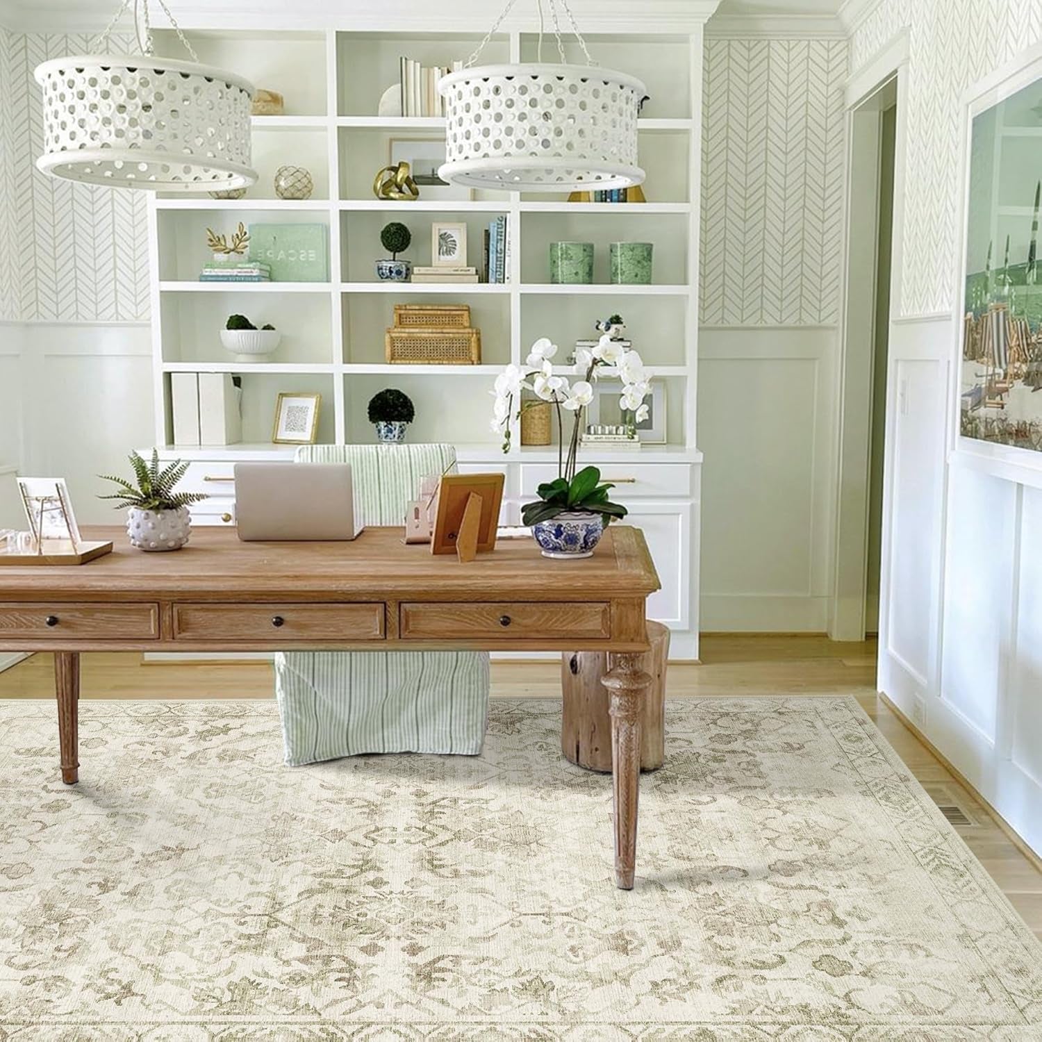 Sage Green Extra Large 10x14 Area Rug - Distressed Floral Print, Washable & Anti-Slip Soft Accent Rug for Living Room, Dining Room, Bedroom, and Farmhouse Decor