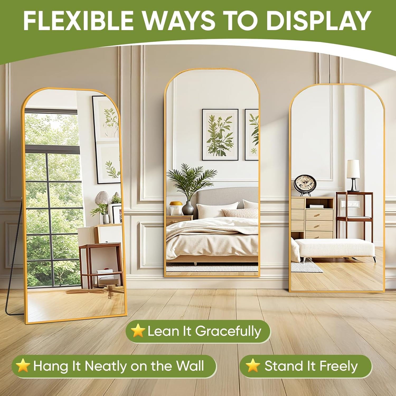 Elegant Gold Arched Full Length Floor Mirror - 81"x41" Freestanding & Leaning Design for Bedroom & Living Room Decor