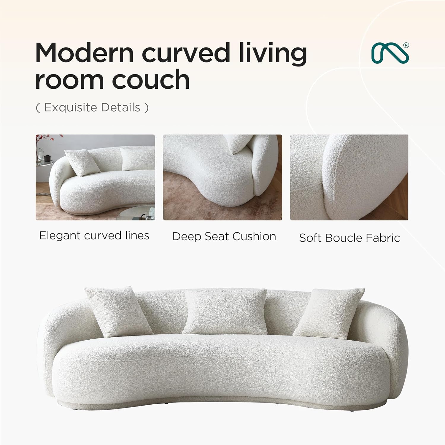 Stylish Mid Century Modern 4-Seat Curved Boucle Sofa - Perfect for Living Room, Bedroom, or Office in Elegant White