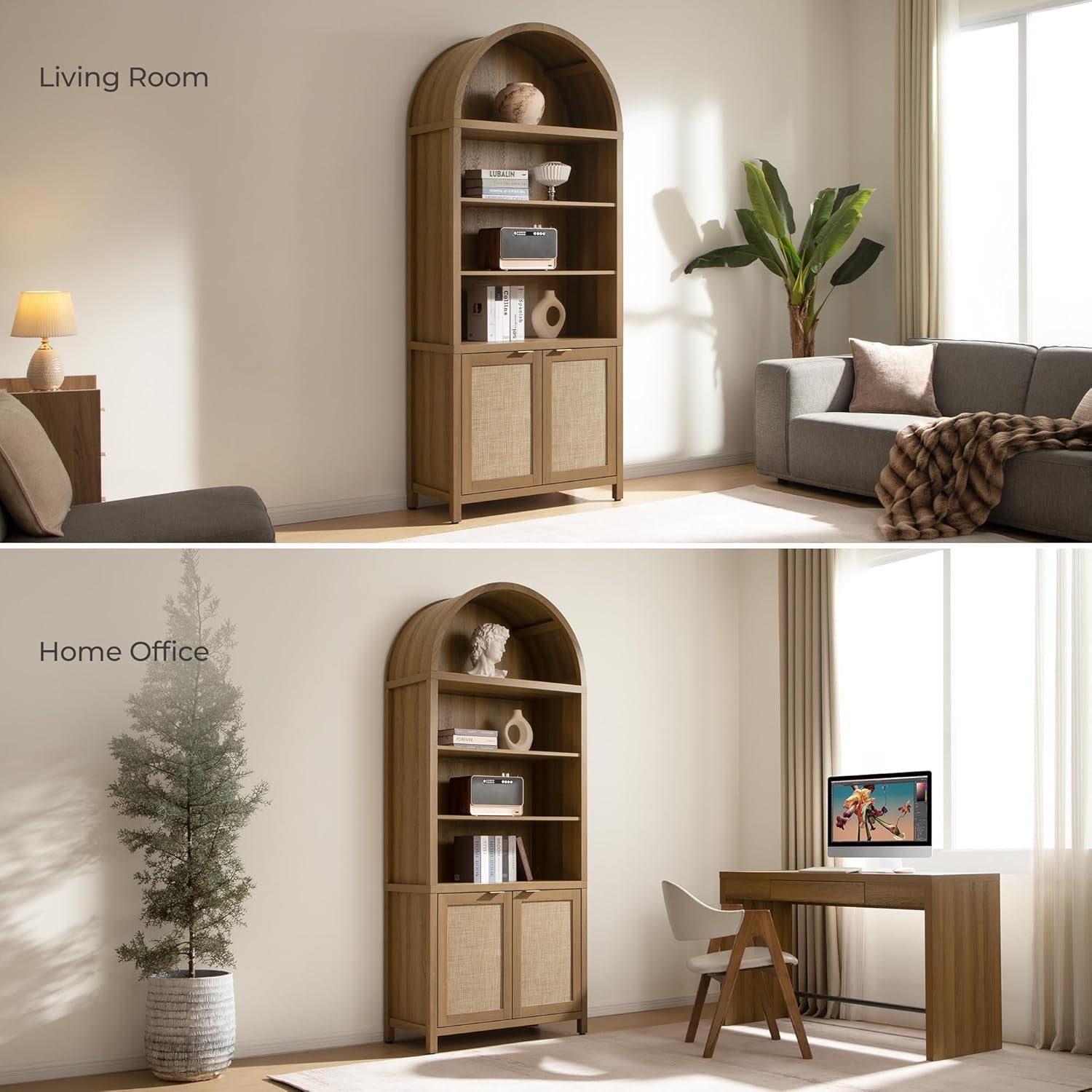 Arched 84.2" Tall 5-Tier Bookshelf Cabinet with Doors - Boho Rattan Wide Bookcase for Living Room, Office & Bedroom Storage