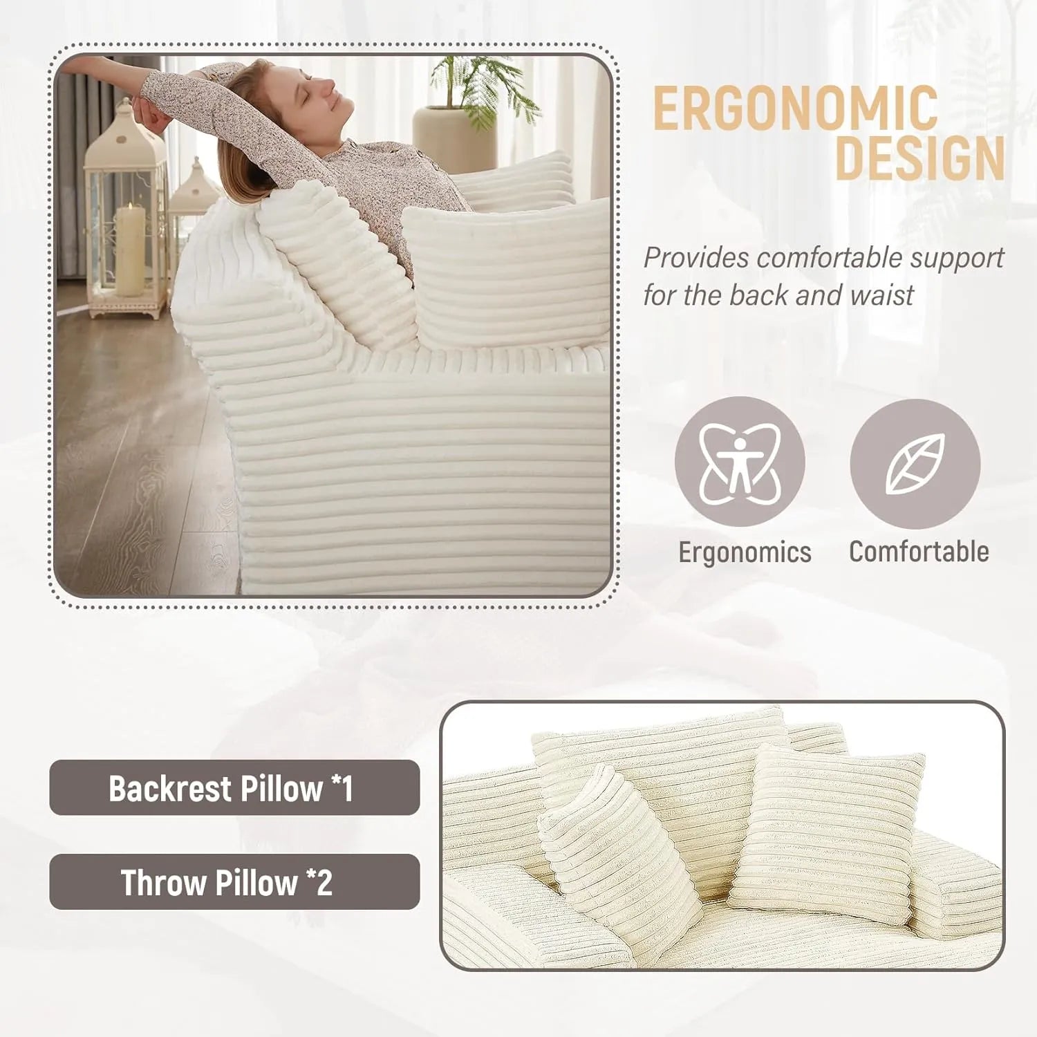 Luxurious Oversized Corduroy Chaise Lounge Chair with 3 Plush Pillows - Comfy Sleeper Sofa & Recliner for Ultimate Relaxation