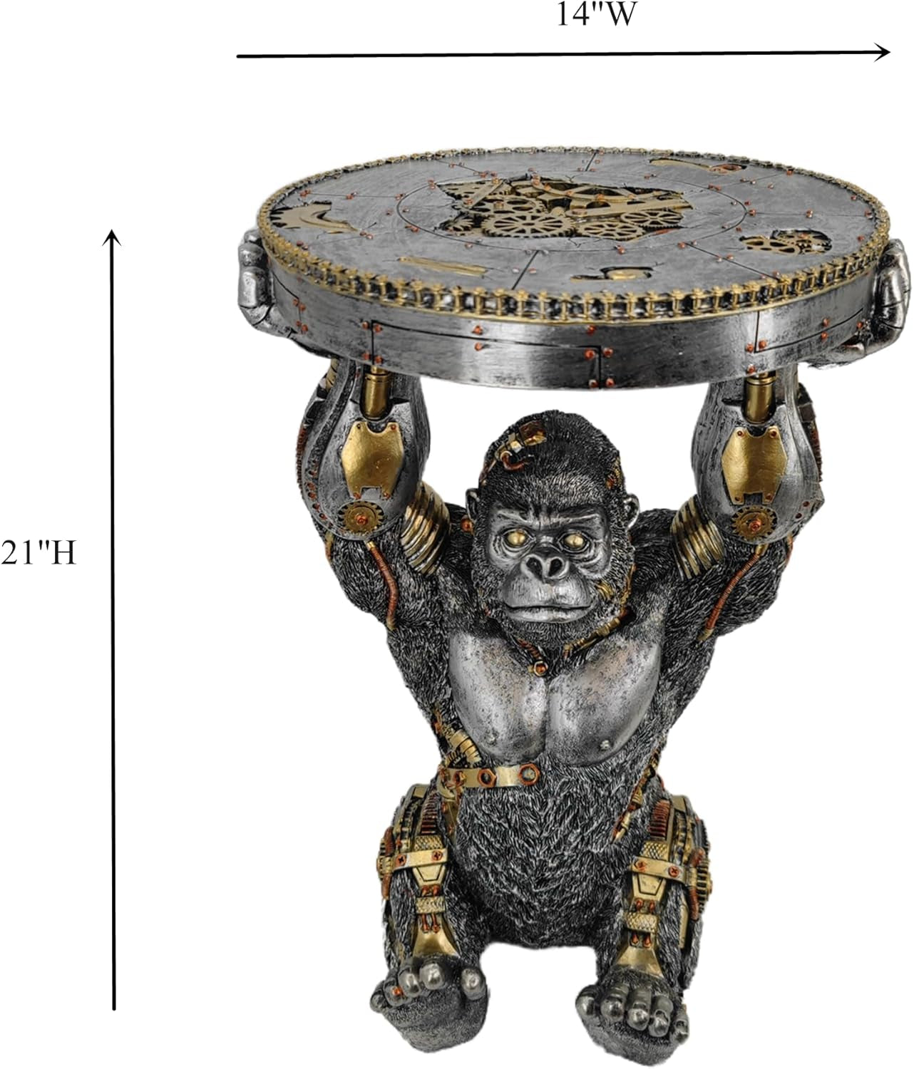Steampunk Gorilla Side Table: Hand-Painted Resin Cyborg Monkey Sculpture with Gear Accents for Home and Man Cave Decor - Silver Finish
