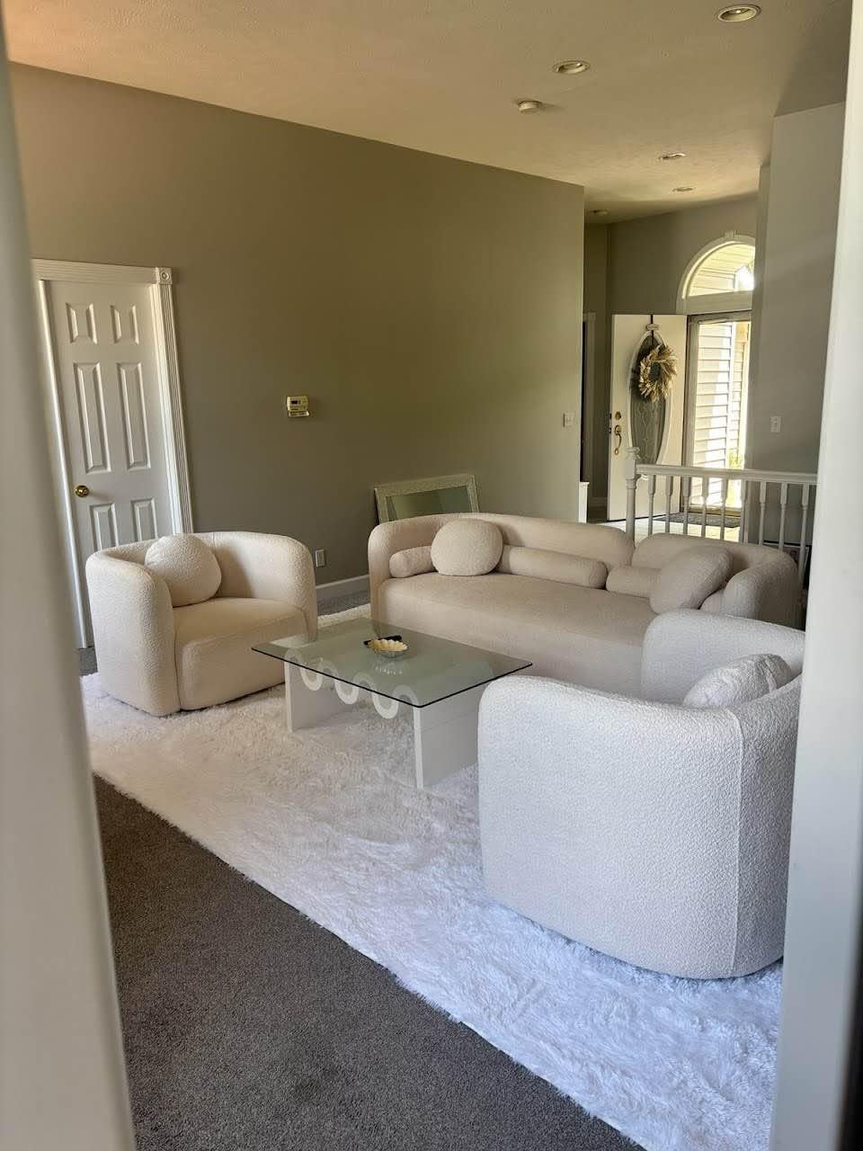 Modern White Curved Back Sofa Set - 3 Seater Couch + 2 Single Chairs with Boucle Fabric and Solid Wood Frame, Includes 6 Pillows