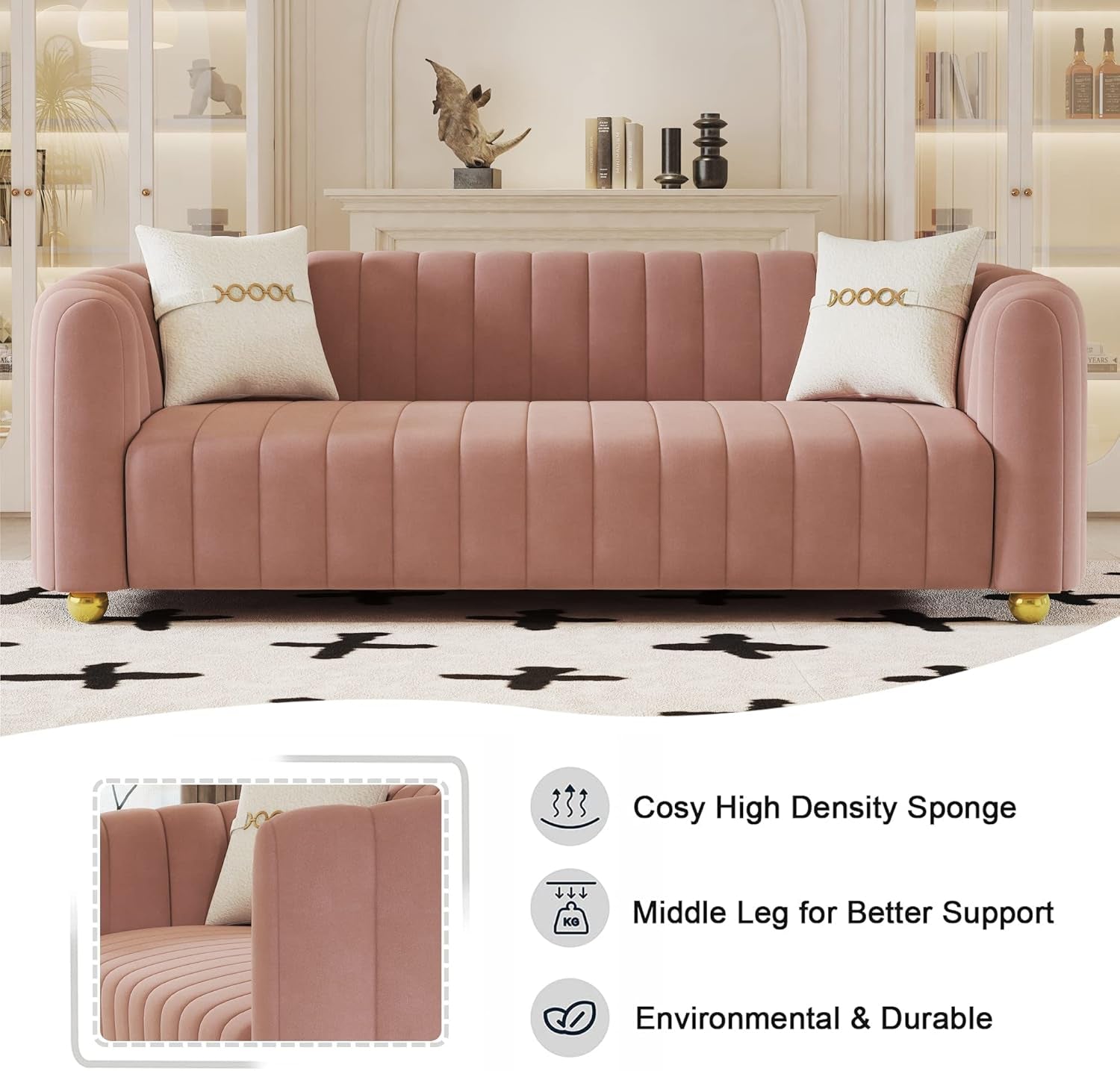 Luxurious 84" Pink Velvet Mid-Century Modern Sofa with Gold Legs - Perfect for Living Room, Bedroom, or Home Office