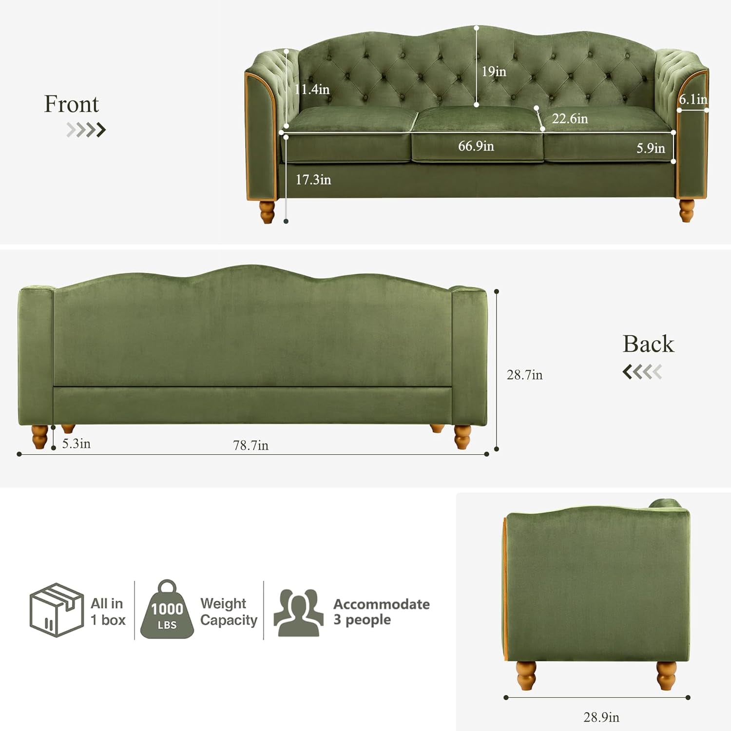 Luxurious 78" Velvet Green Sofa Couch - Modern 3-Seater with Button Tufting, Gold Trim, and Solid Wood Legs for Living Room or Apartment