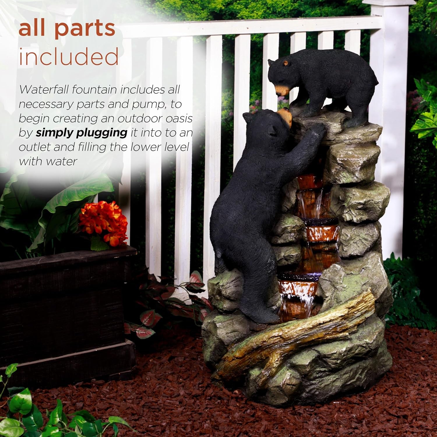 36" Indoor/Outdoor 2 Bears Climbing Water Fountain with LED Lights – Charming Cascading Wildlife Decor for Garden, Patio, and Home