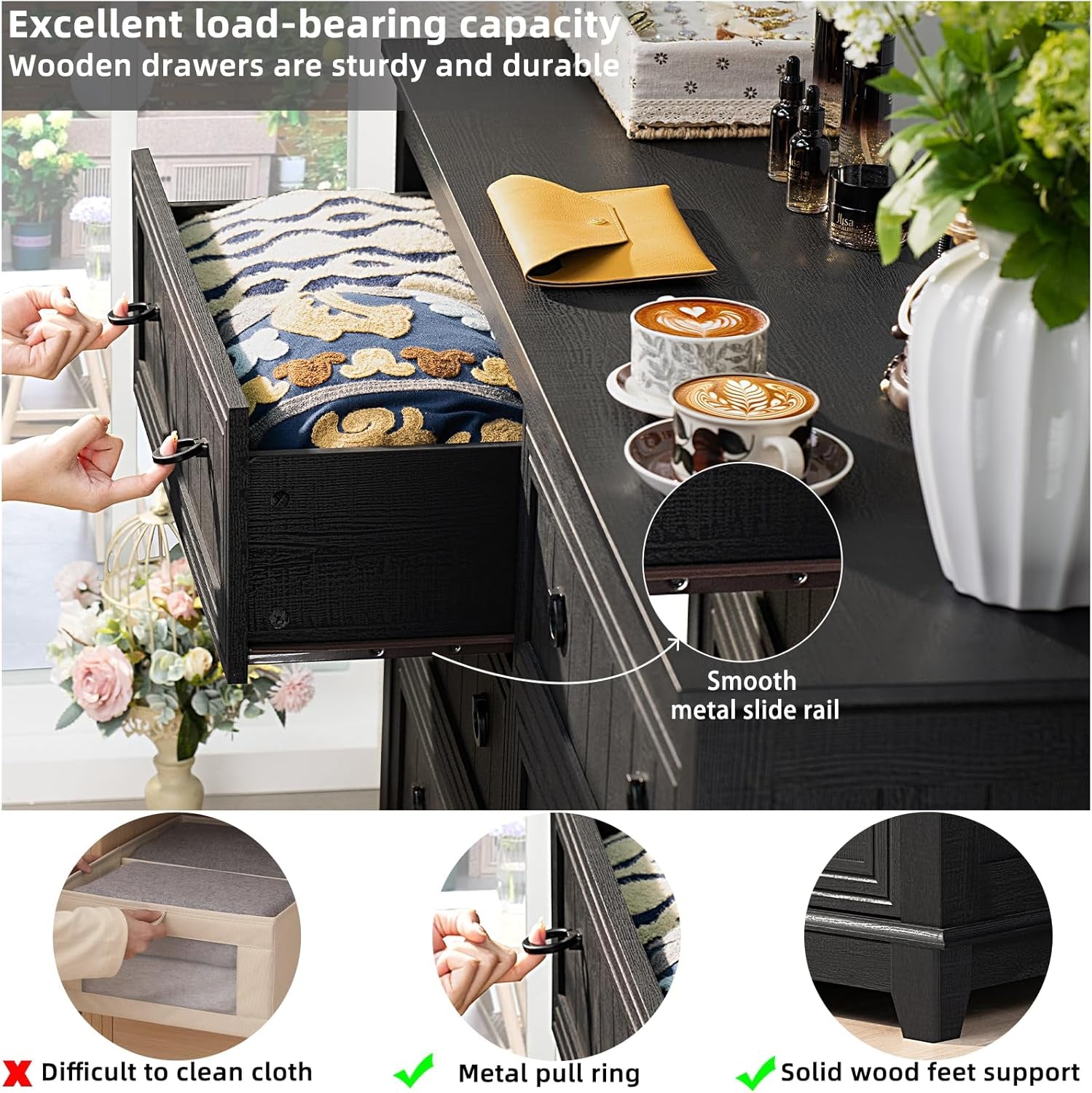 Chic Farmhouse Bedroom & Living Room Furniture Set: 58” Dresser with 6 Drawers & Set of 2 Night Stands with Charging Stations