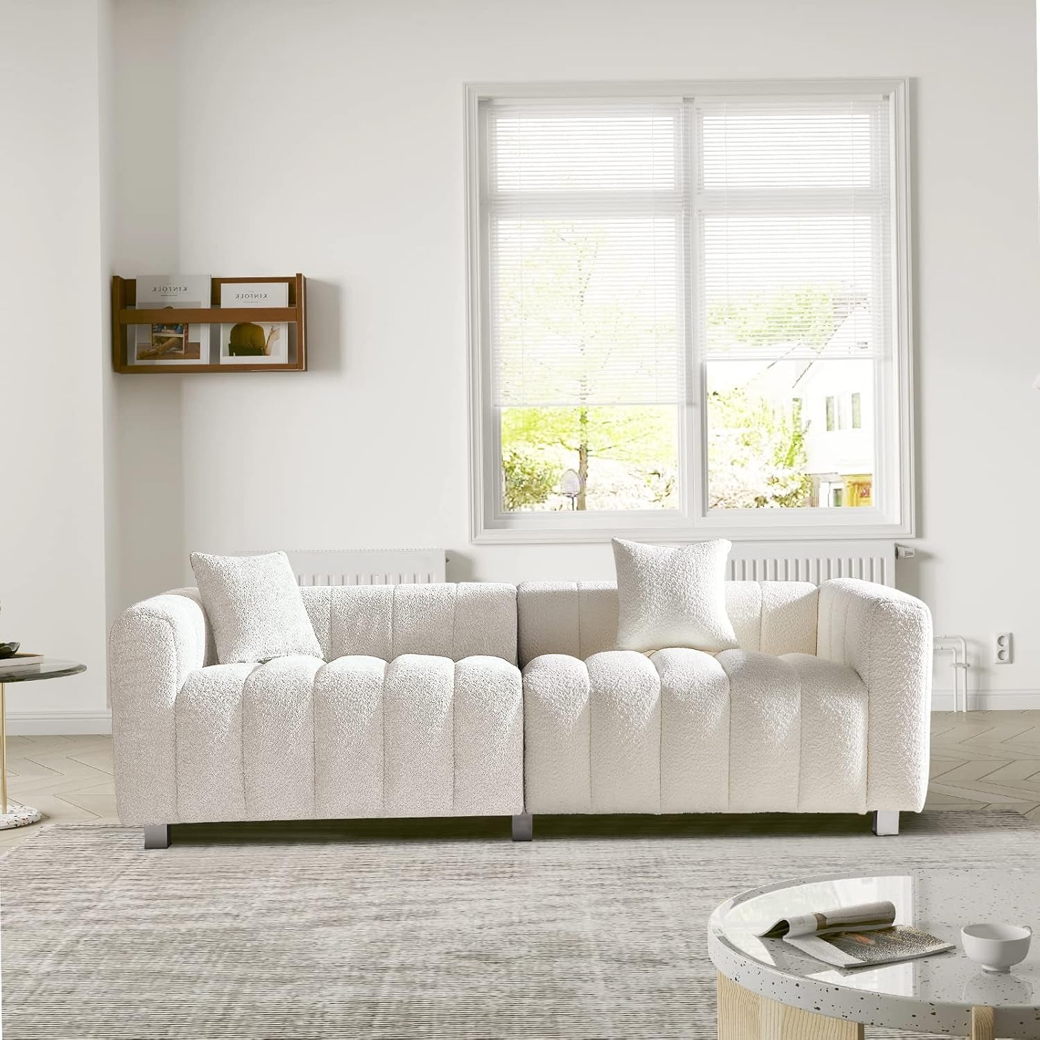 Stylish 87.4" Modern 3-Seater Boucle Sofa - Mid Century Fluffy Couch with Solid Wood Frame, 750 LBS Capacity - Perfect for Living Room, Bedroom, or Apartment (White)