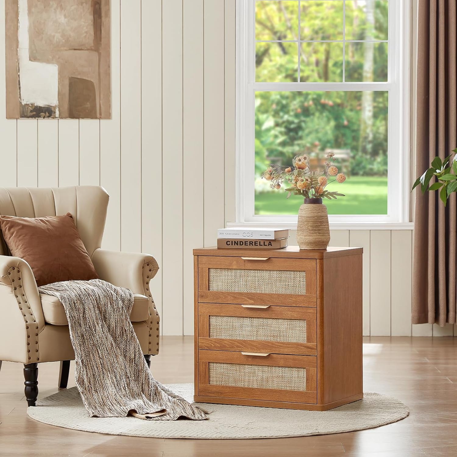 Boho 3-Piece Rattan Dresser and Nightstand Set - Stylish Wood Furniture with 6 Drawers for Bedroom, Living Room, and Hallway